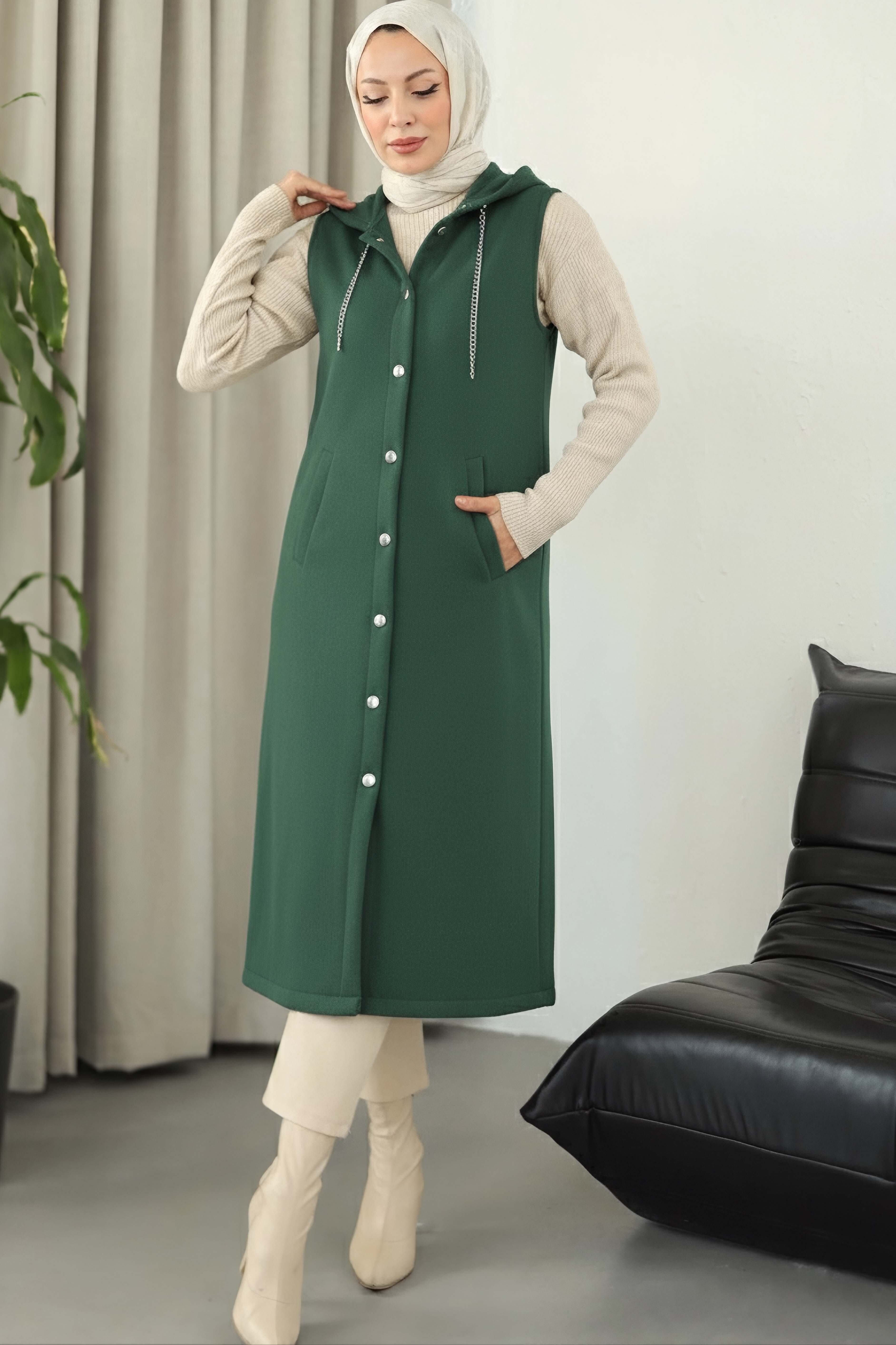 Düğmeli Zincir Detaylı Kaşe Yelek - 28035-ZUMRUT - 2