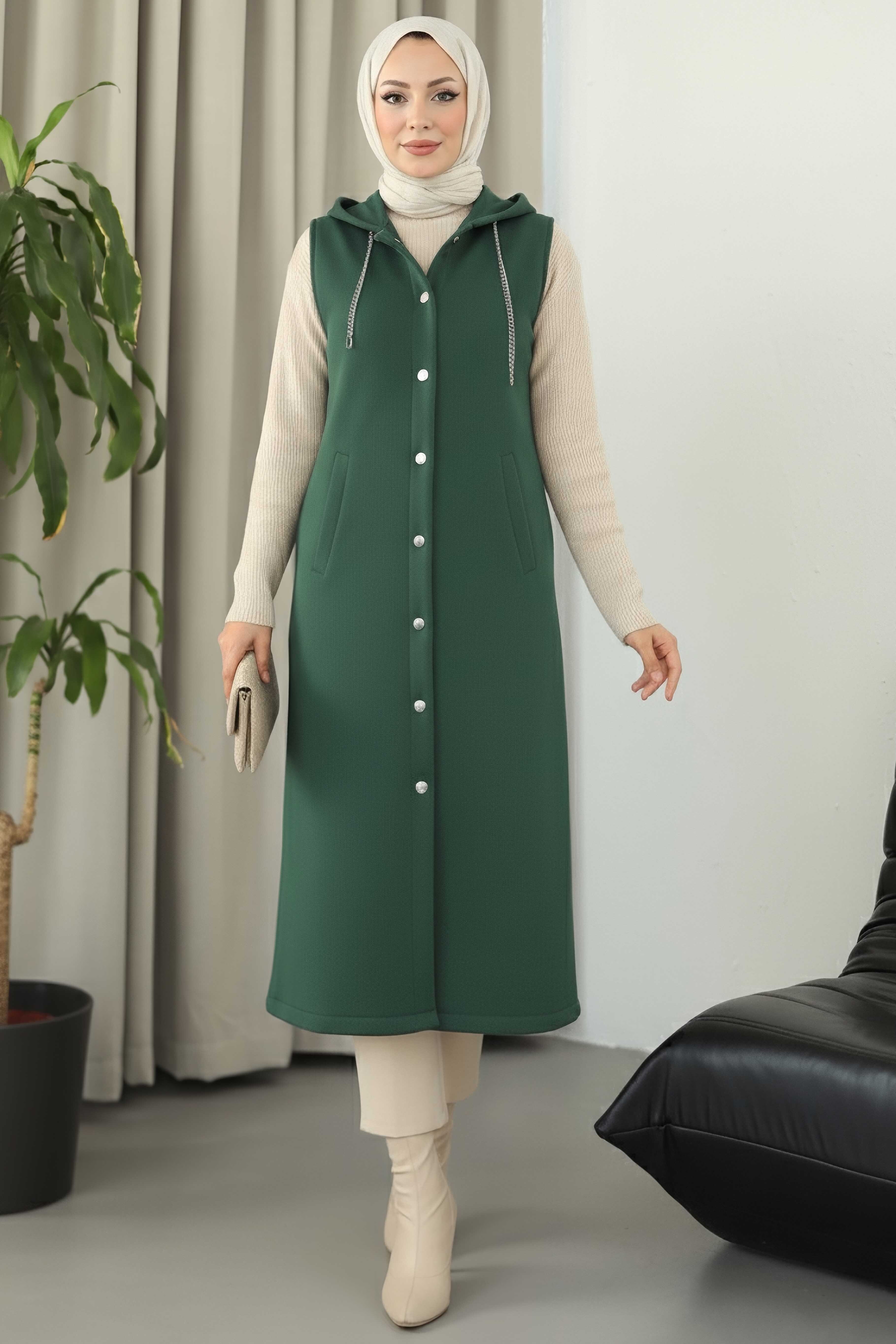 Düğmeli Zincir Detaylı Kaşe Yelek - 28035-ZUMRUT - 1