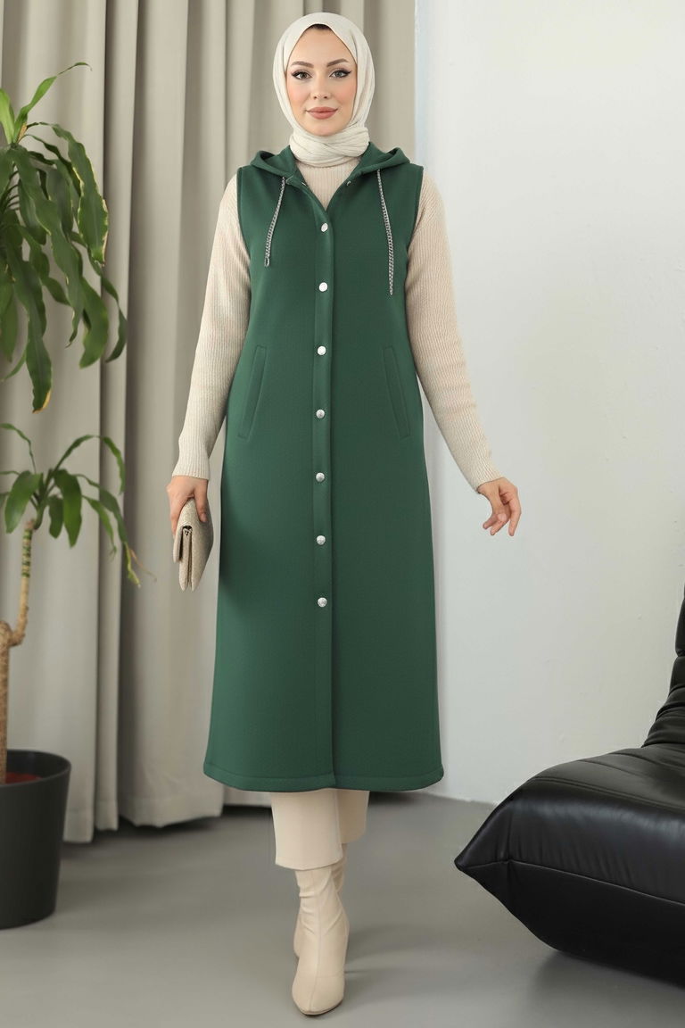 Düğmeli Zincir Detaylı Kaşe Yelek - 28035-ZUMRUT - TOFİSA