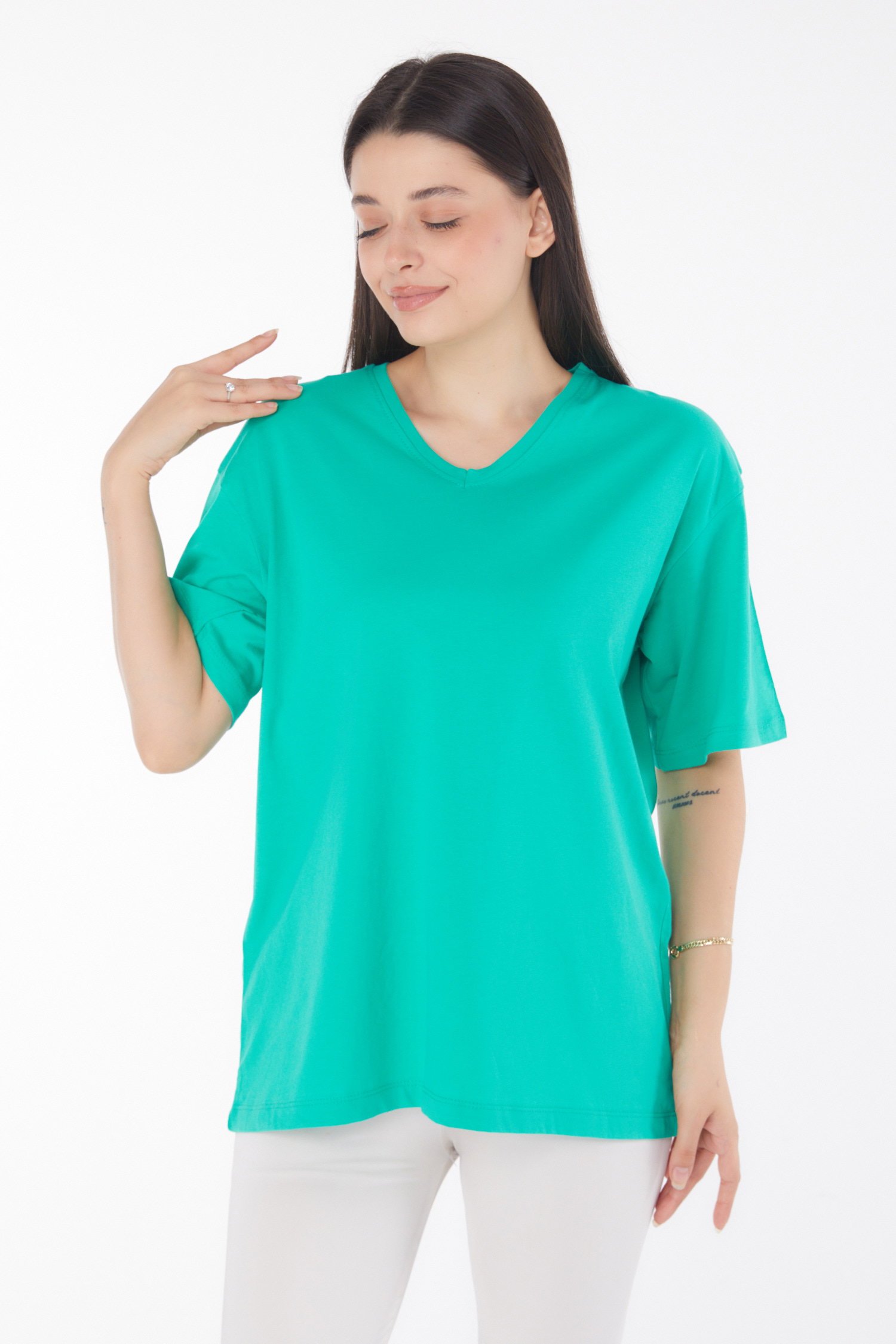 Düz Bahriye Yaka Kadın Açik Yeşil V Yaka T-Shirt - 25767 - 1