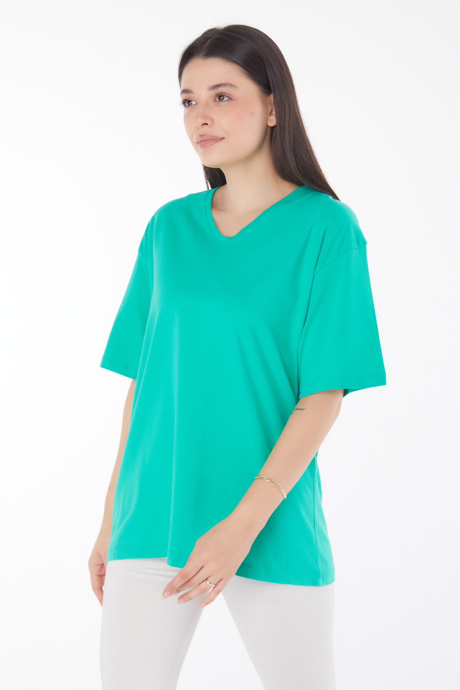 Düz Bahriye Yaka Kadın Açik Yeşil V Yaka T-Shirt - 25767 - 2