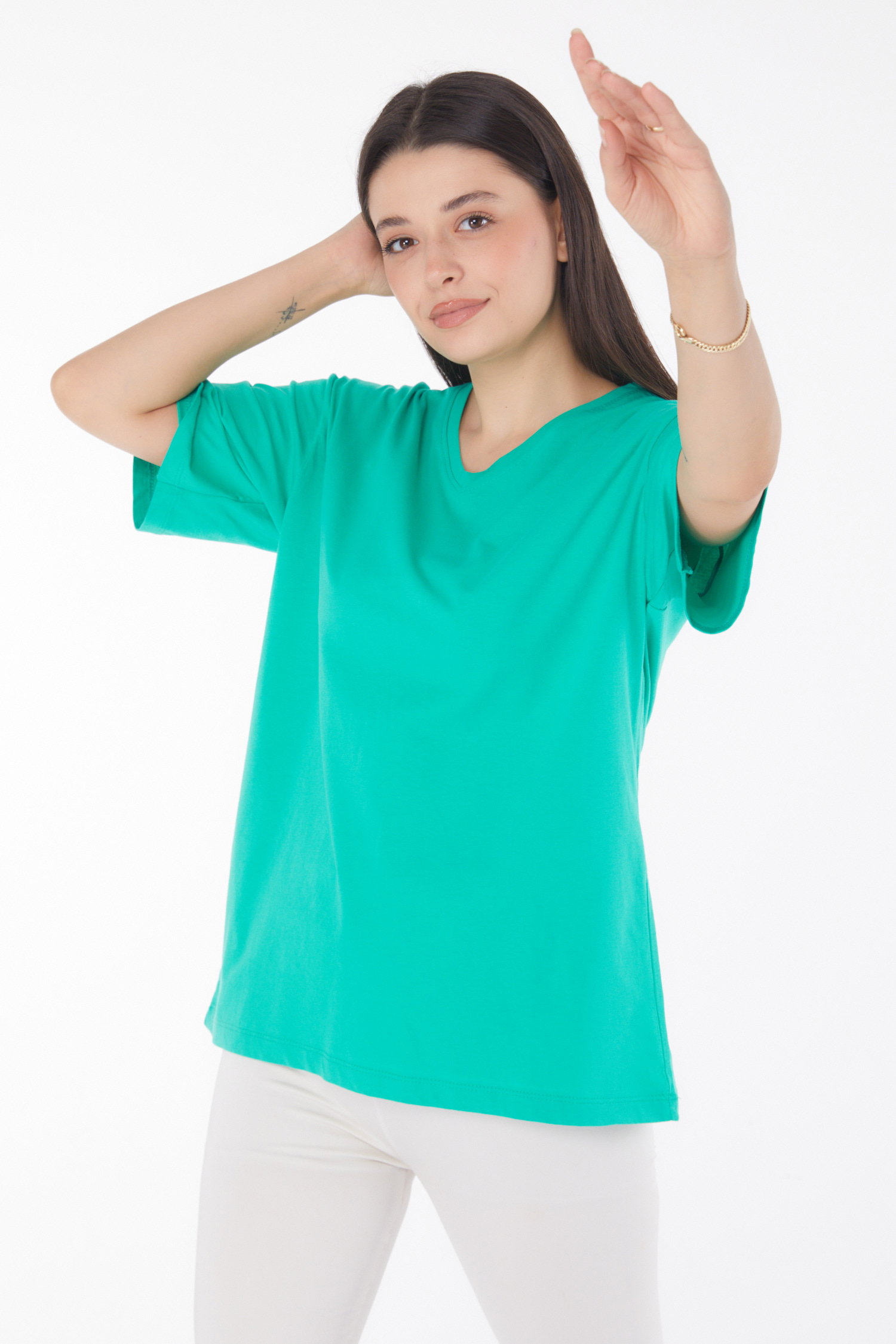 Düz Bahriye Yaka Kadın Açik Yeşil V Yaka T-Shirt - 25767 - 3