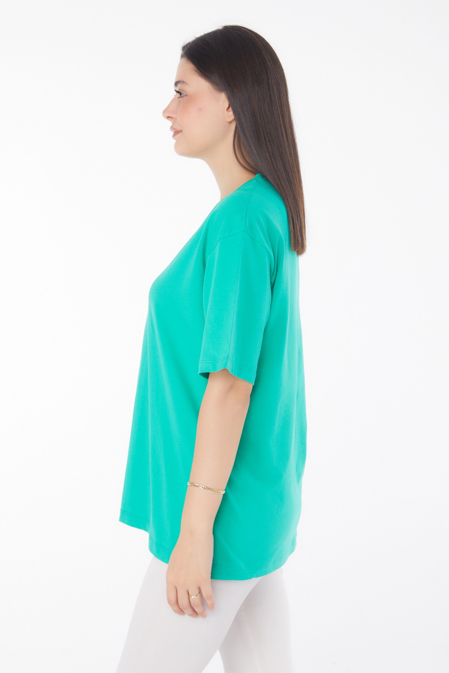 Düz Bahriye Yaka Kadın Açik Yeşil V Yaka T-Shirt - 25767 - 4