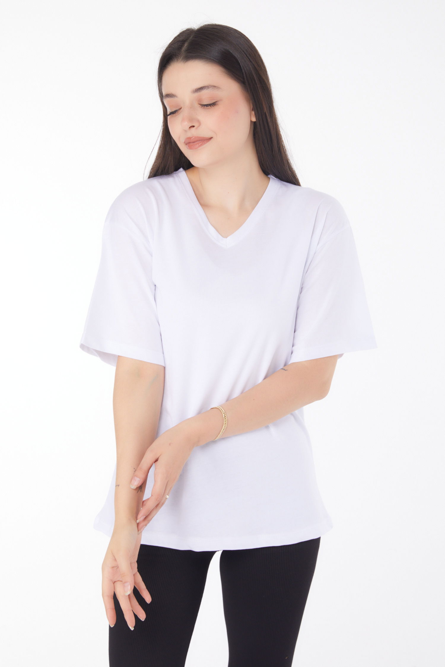 V Yaka T-Shirt Beyaz - 25767 - 1