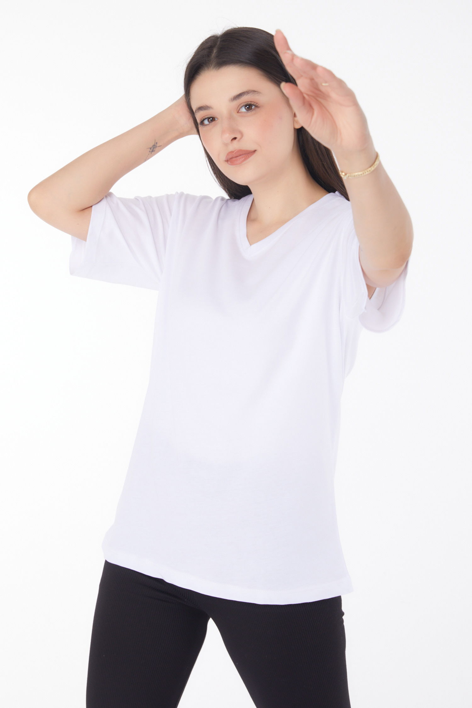 V Yaka T-Shirt Beyaz - 25767 - 3