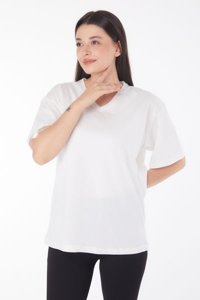 V Yaka T-Shirt Ekru - 25767 