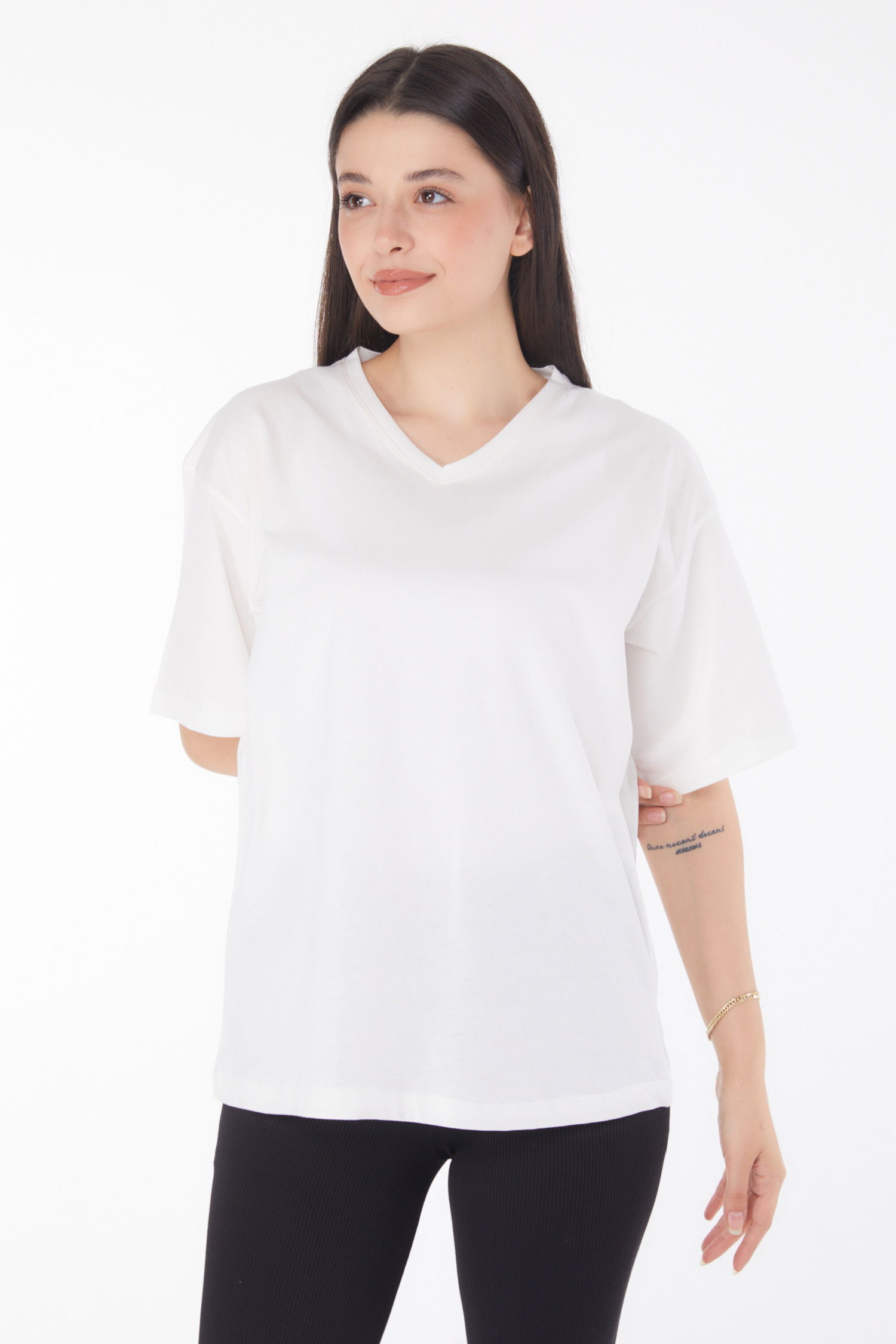 V Yaka T-Shirt Ekru - 25767 - 2