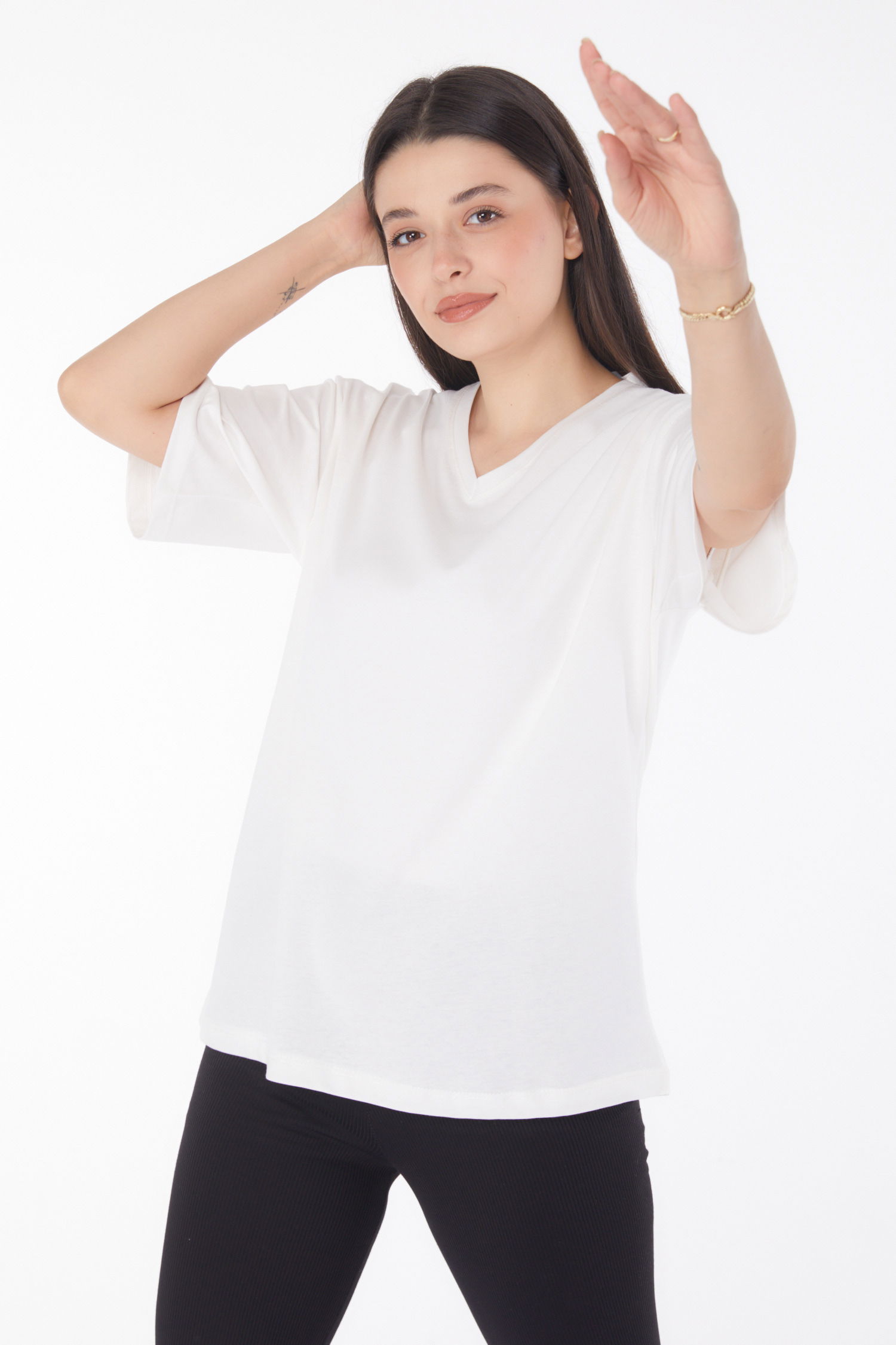 V Yaka T-Shirt Ekru - 25767 - 3