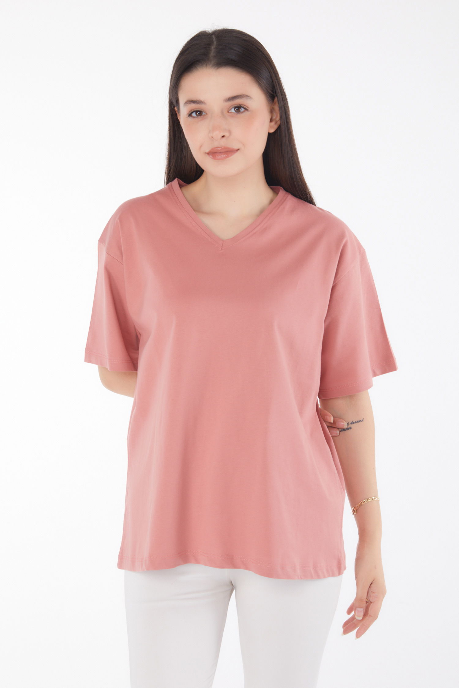 Düz Bahriye Yaka Kadın Gül V Yaka T-Shirt - 25767 - 2