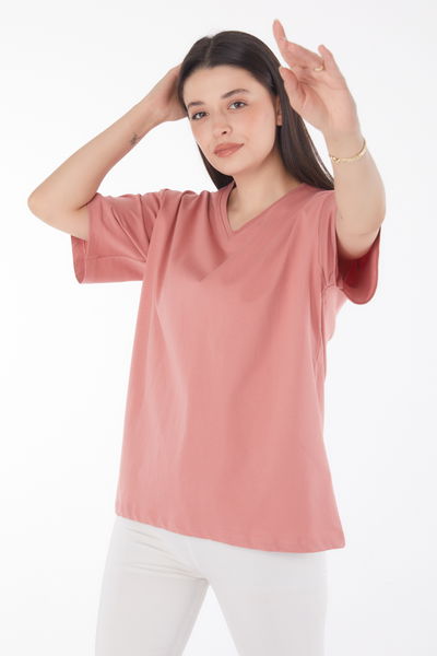 Düz Bahriye Yaka Kadın Gül V Yaka T-Shirt - 25767 