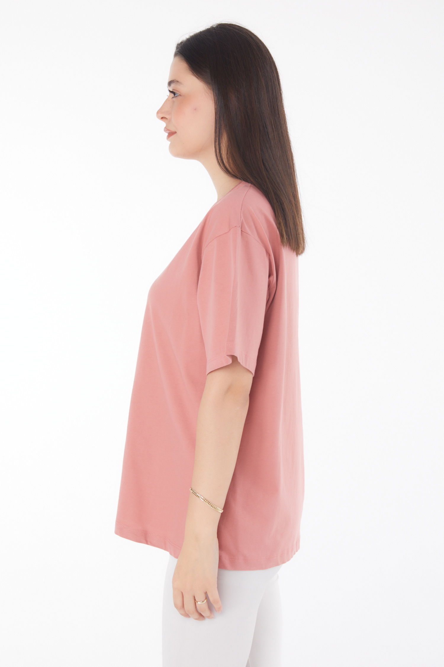 Düz Bahriye Yaka Kadın Gül V Yaka T-Shirt - 25767 - 4