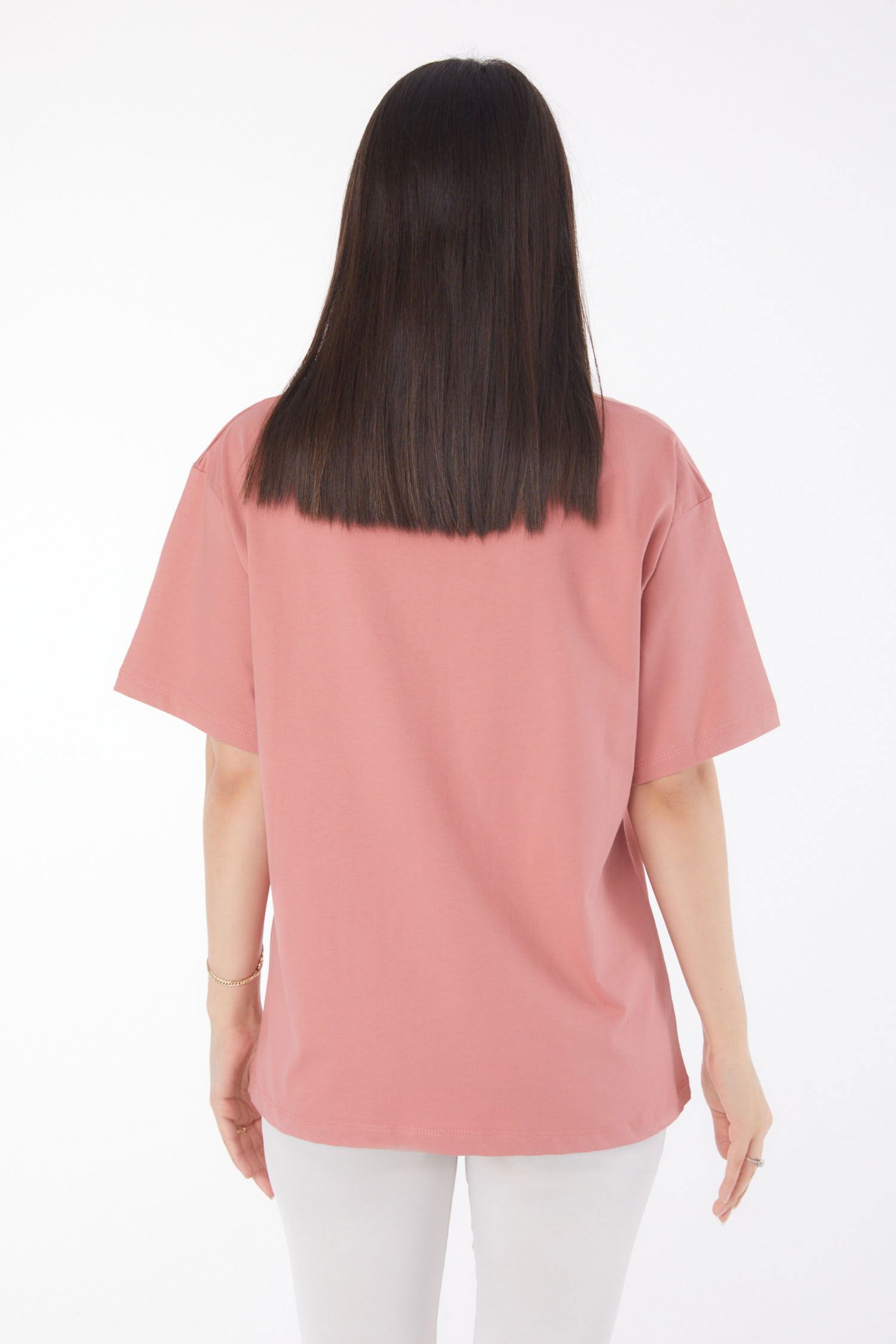 Düz Bahriye Yaka Kadın Gül V Yaka T-Shirt - 25767 - 5