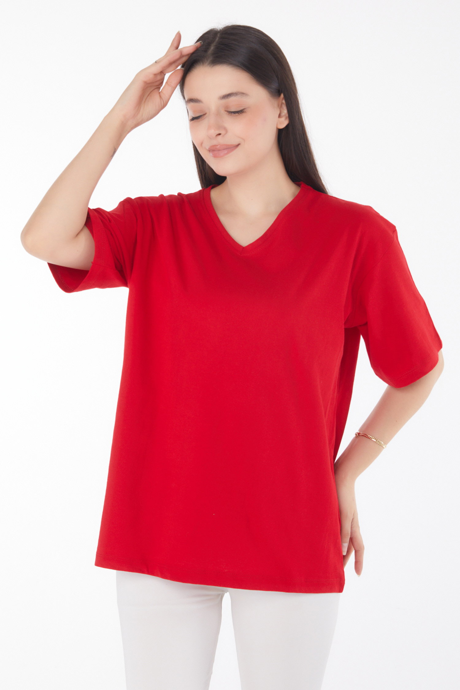 Düz Bahriye Yaka Kadın Kirmizi V Yaka T-Shirt - 25767 - 1