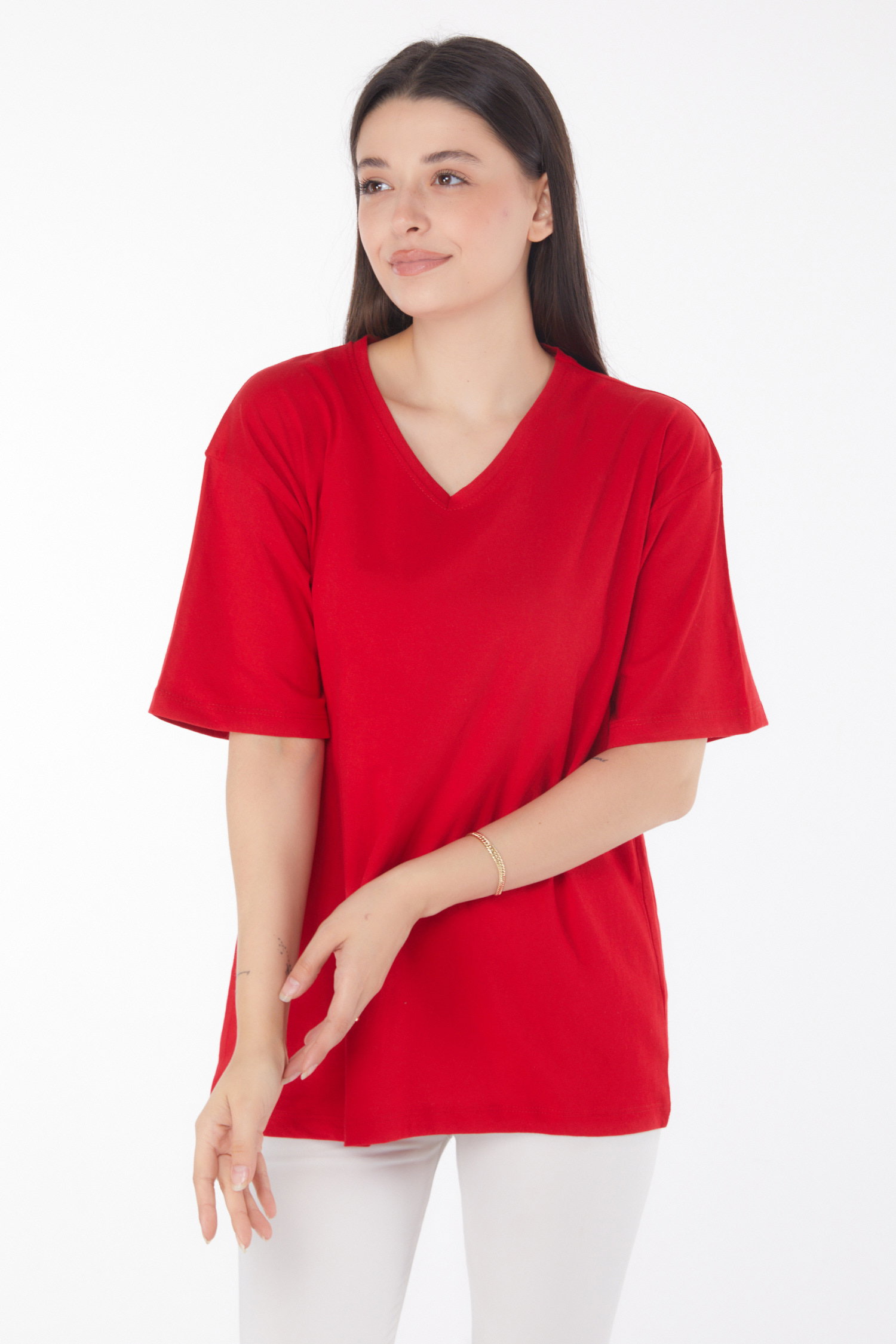 Düz Bahriye Yaka Kadın Kirmizi V Yaka T-Shirt - 25767 - 2