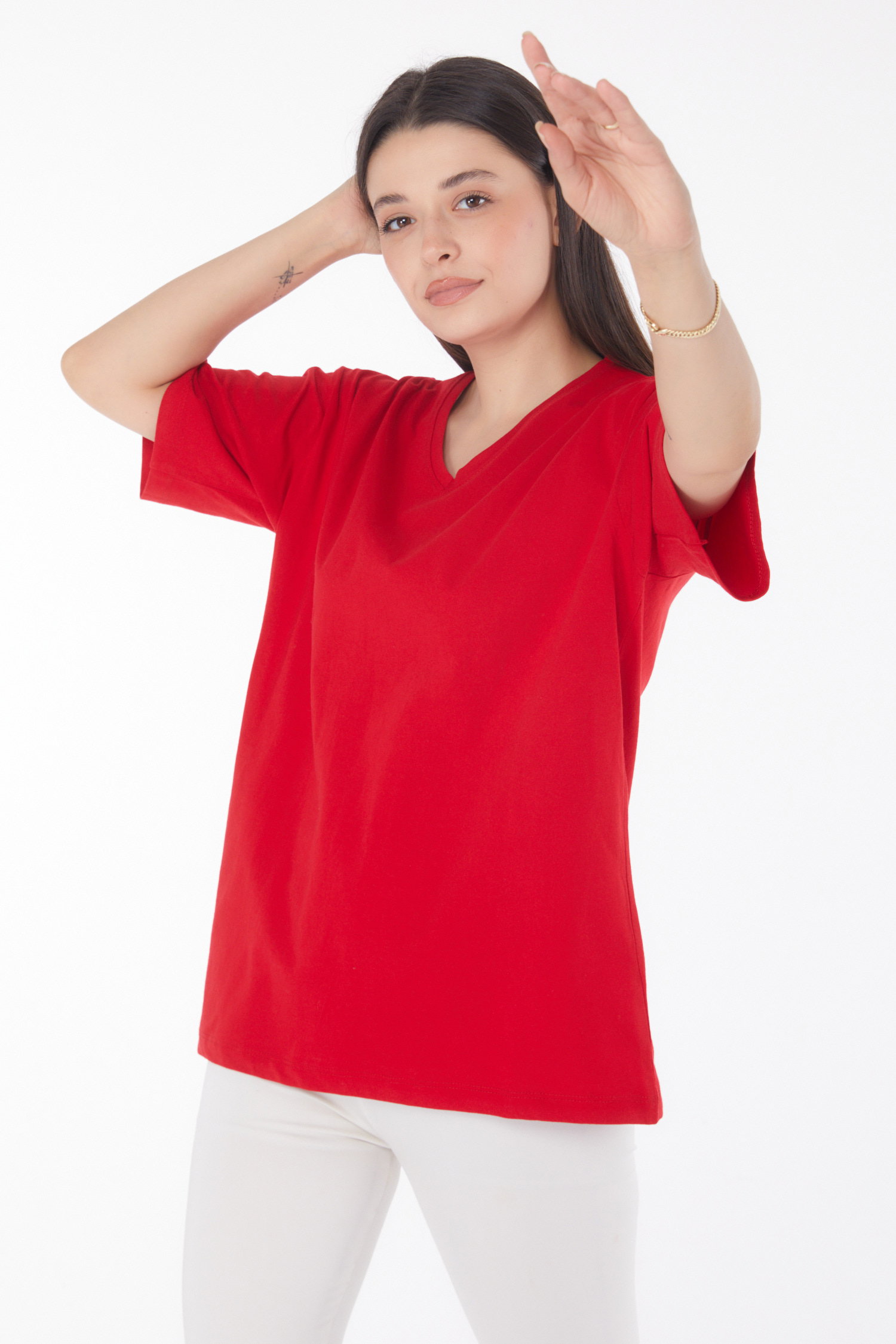 Düz Bahriye Yaka Kadın Kirmizi V Yaka T-Shirt - 25767 - 3