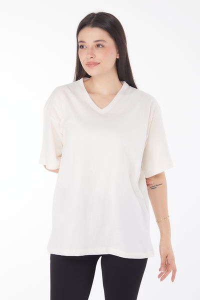 V Yaka T-Shirt Krem - 25767 
