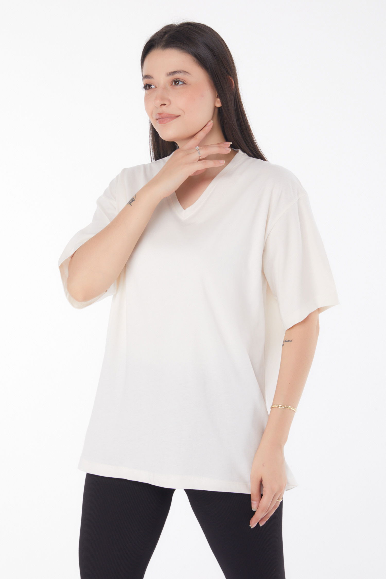 V Yaka T-Shirt Krem - 25767 - 2
