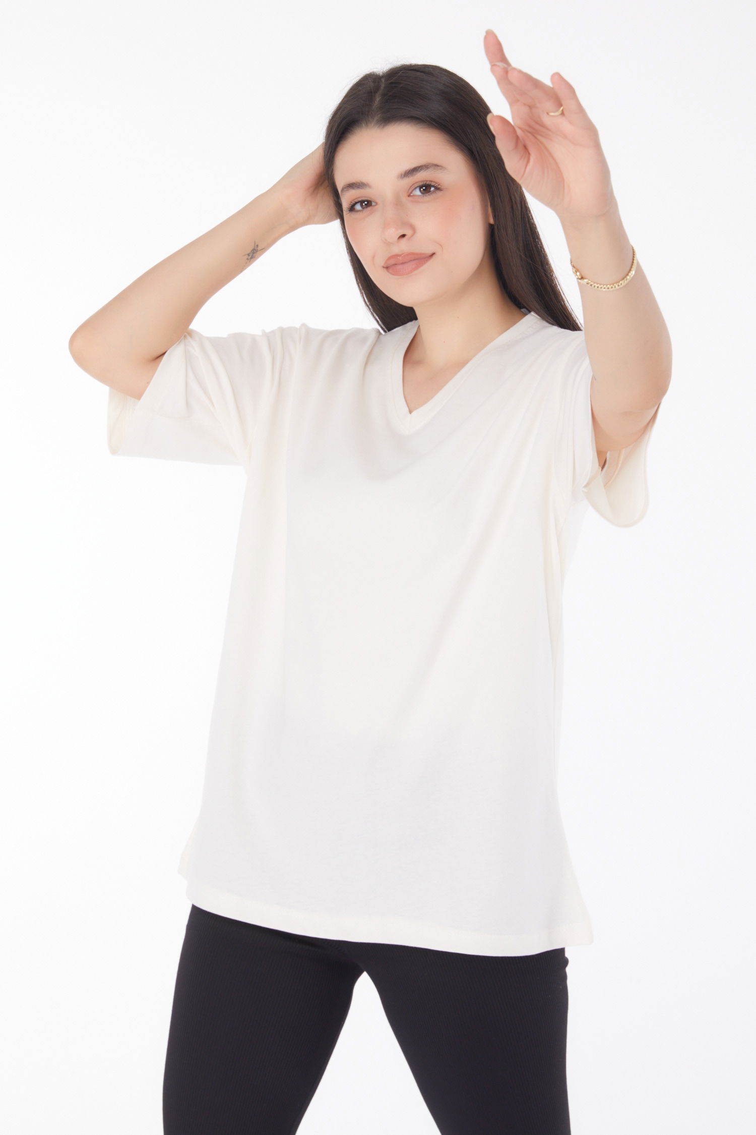 V Yaka T-Shirt Krem - 25767 - 3