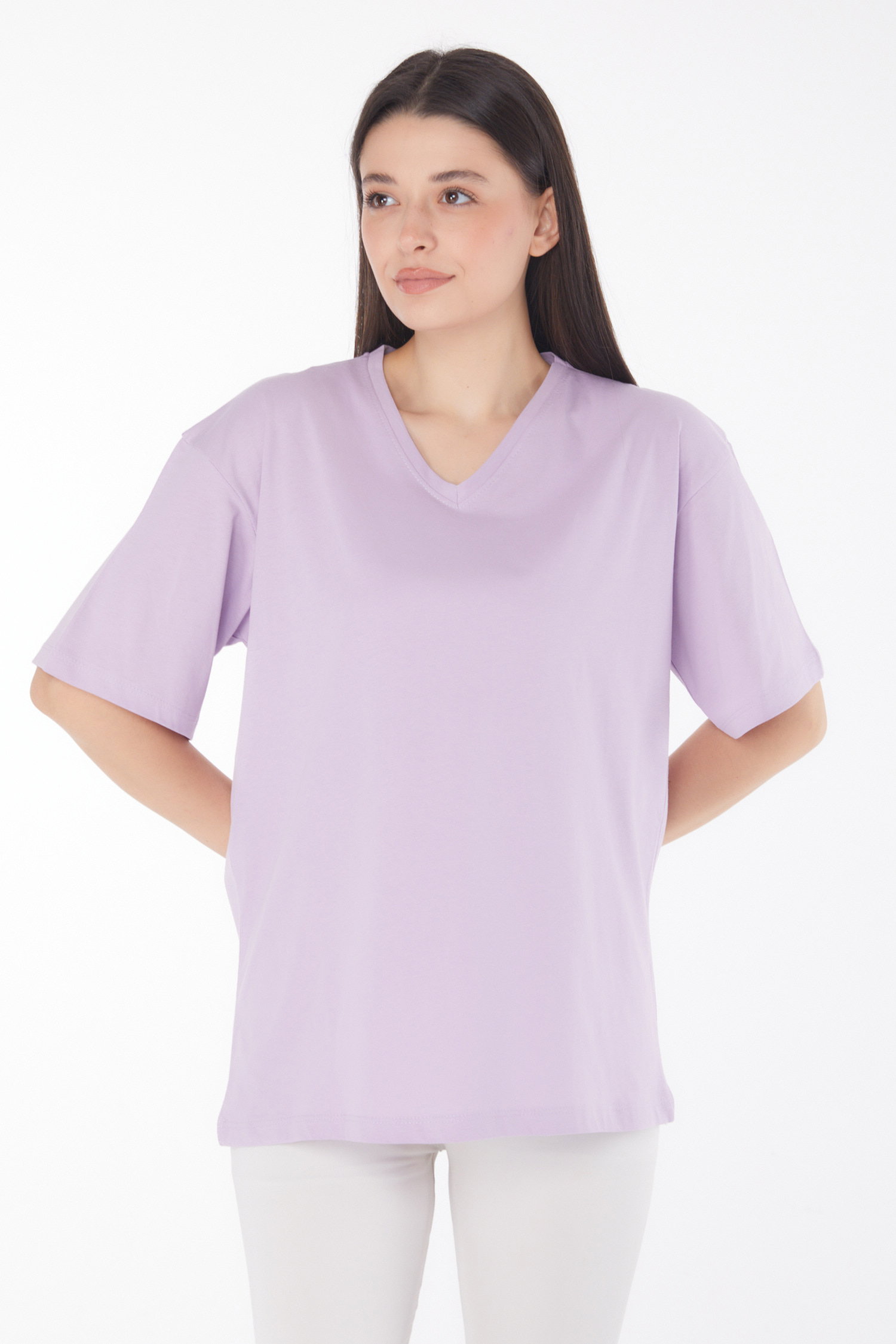Düz Bahriye Yaka Kadın Lila V Yaka T-Shirt - 25767 - 1