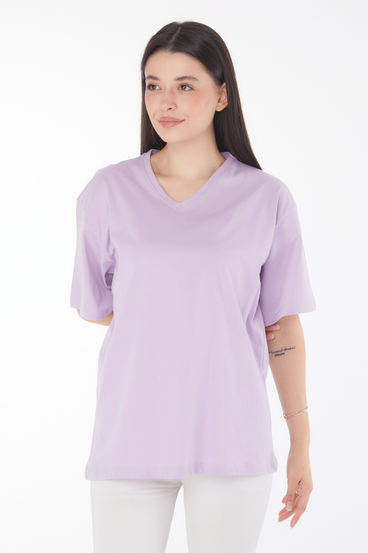 Düz Bahriye Yaka Kadın Lila V Yaka T-Shirt - 25767 - 2