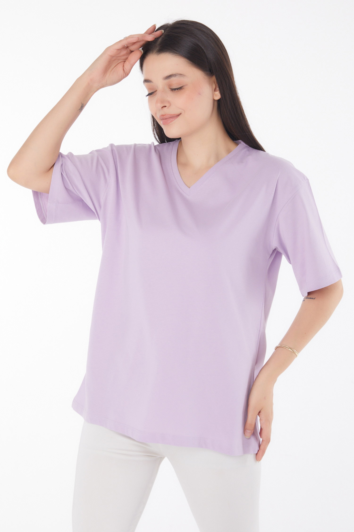 Düz Bahriye Yaka Kadın Lila V Yaka T-Shirt - 25767 - 3