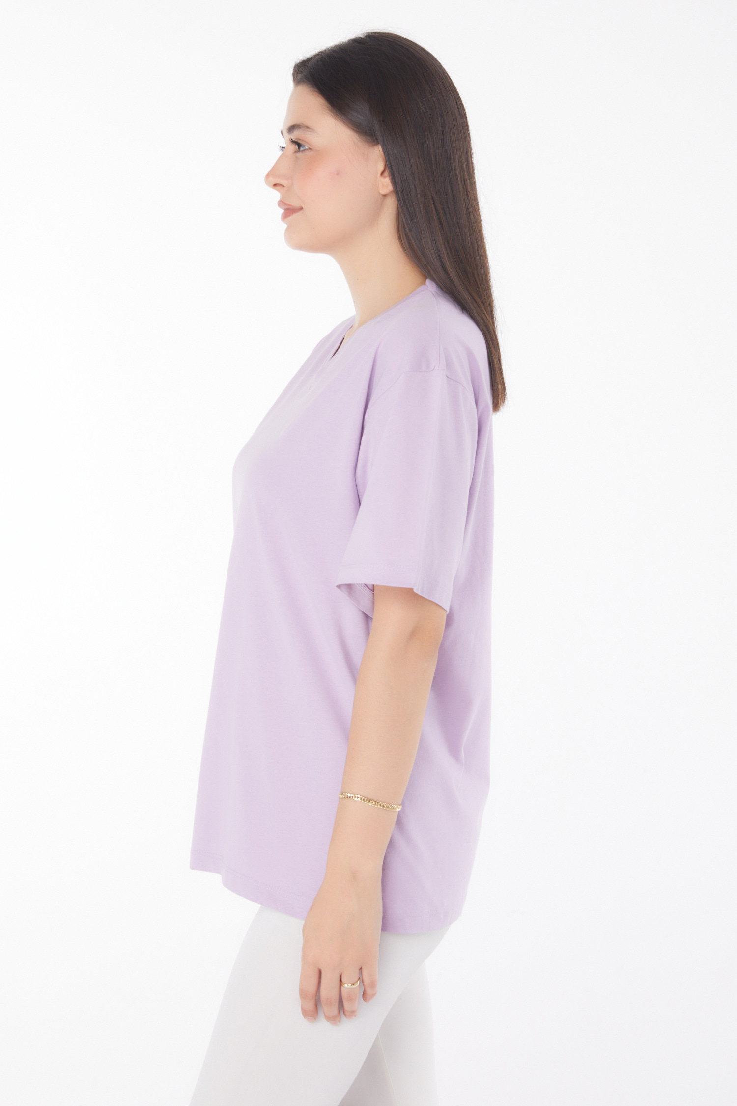 Düz Bahriye Yaka Kadın Lila V Yaka T-Shirt - 25767 - 4