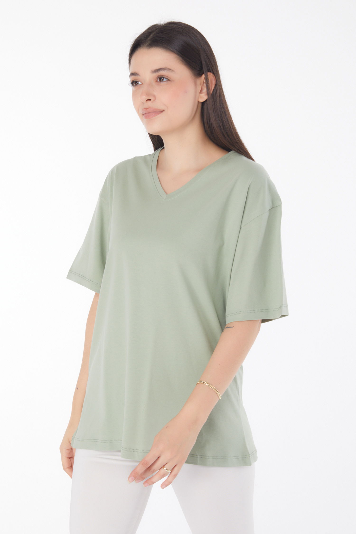 Düz Bahriye Yaka Kadın Mint V Yaka T-Shirt - 25767 - 1