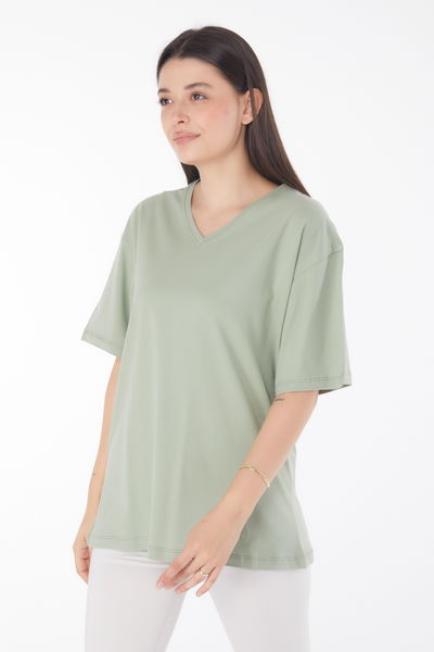 Düz Bahriye Yaka Kadın Mint V Yaka T-Shirt - 25767 