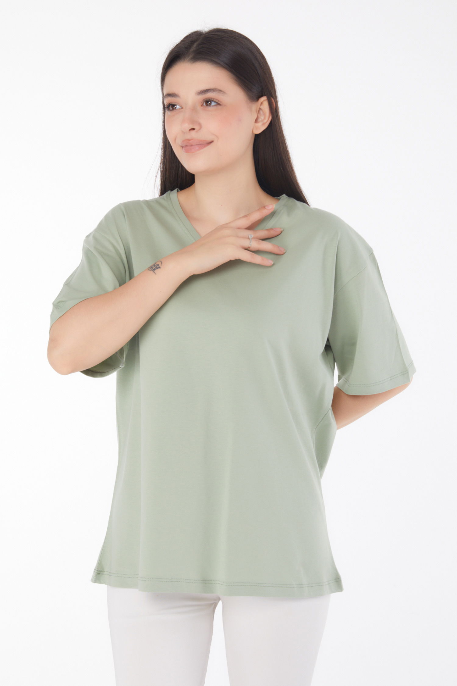 Düz Bahriye Yaka Kadın Mint V Yaka T-Shirt - 25767 - 2