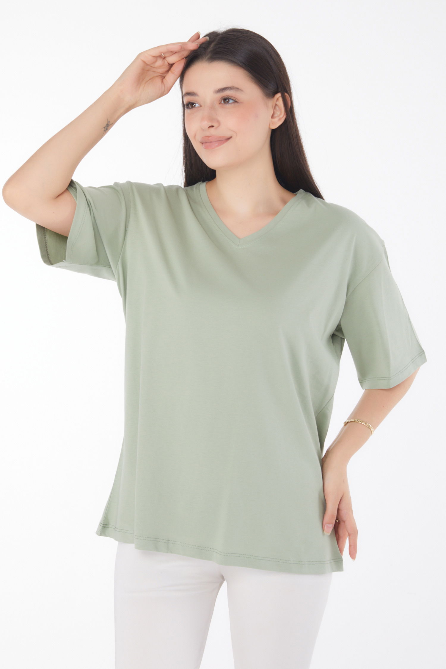 Düz Bahriye Yaka Kadın Mint V Yaka T-Shirt - 25767 - 3