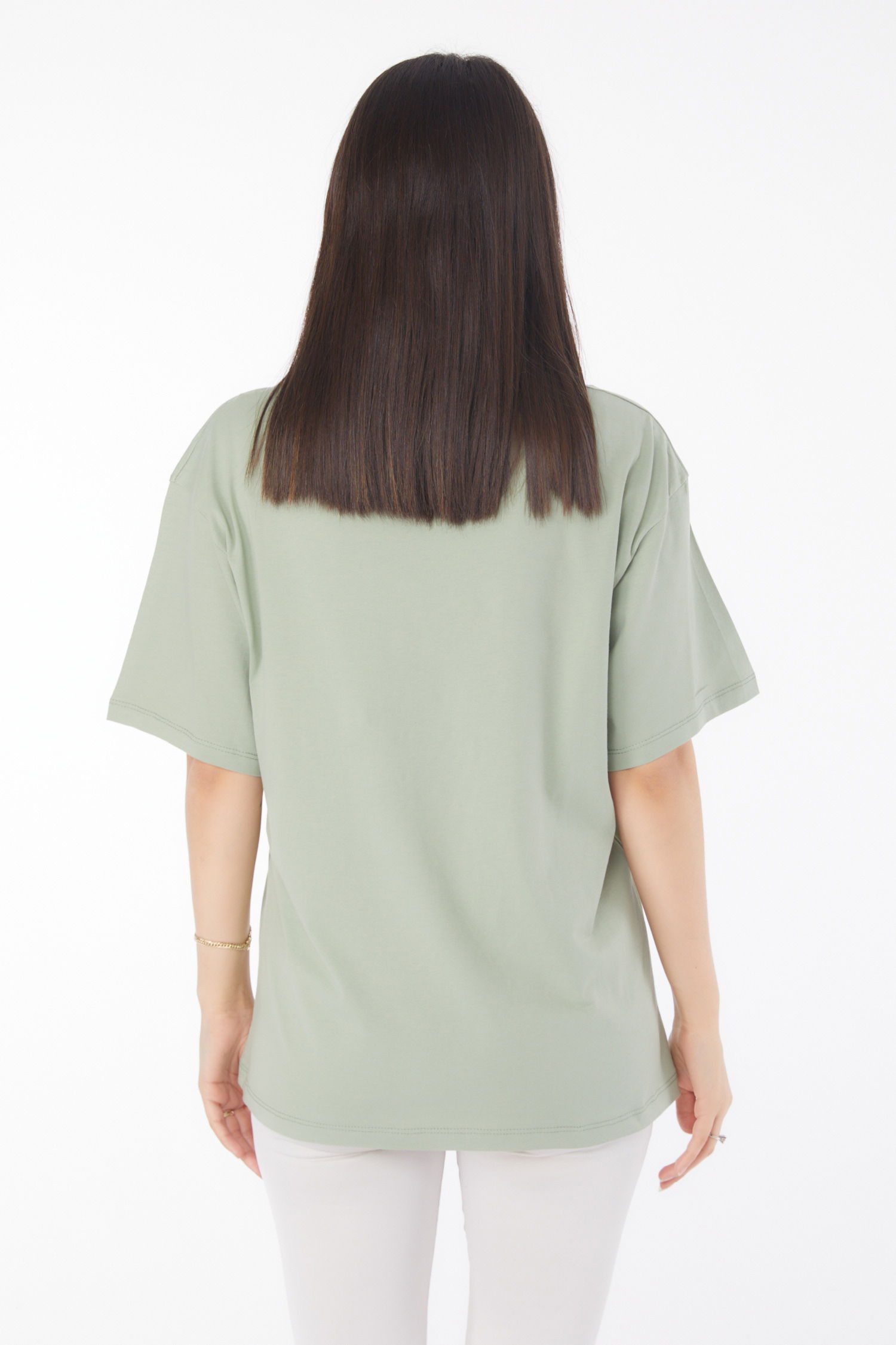 Düz Bahriye Yaka Kadın Mint V Yaka T-Shirt - 25767 - 5