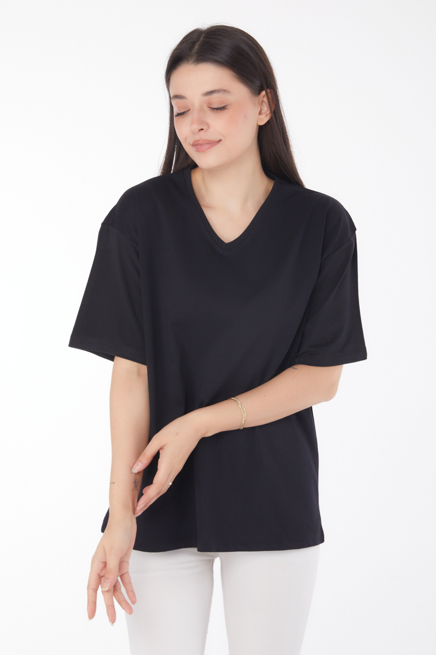 Düz Bahriye Yaka Kadın Siyah V Yaka T-Shirt - 25767 - 1