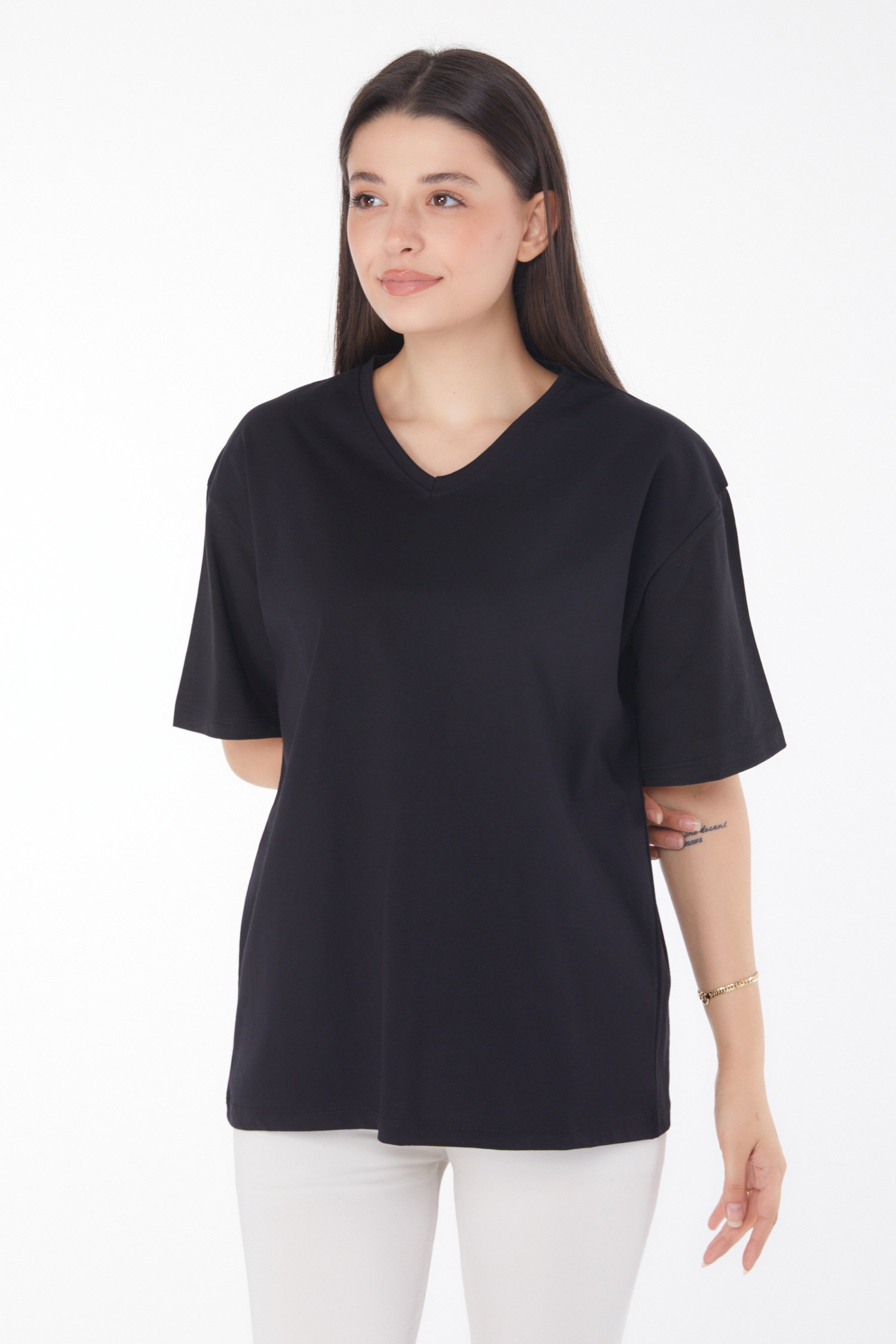 Düz Bahriye Yaka Kadın Siyah V Yaka T-Shirt - 25767 - 2