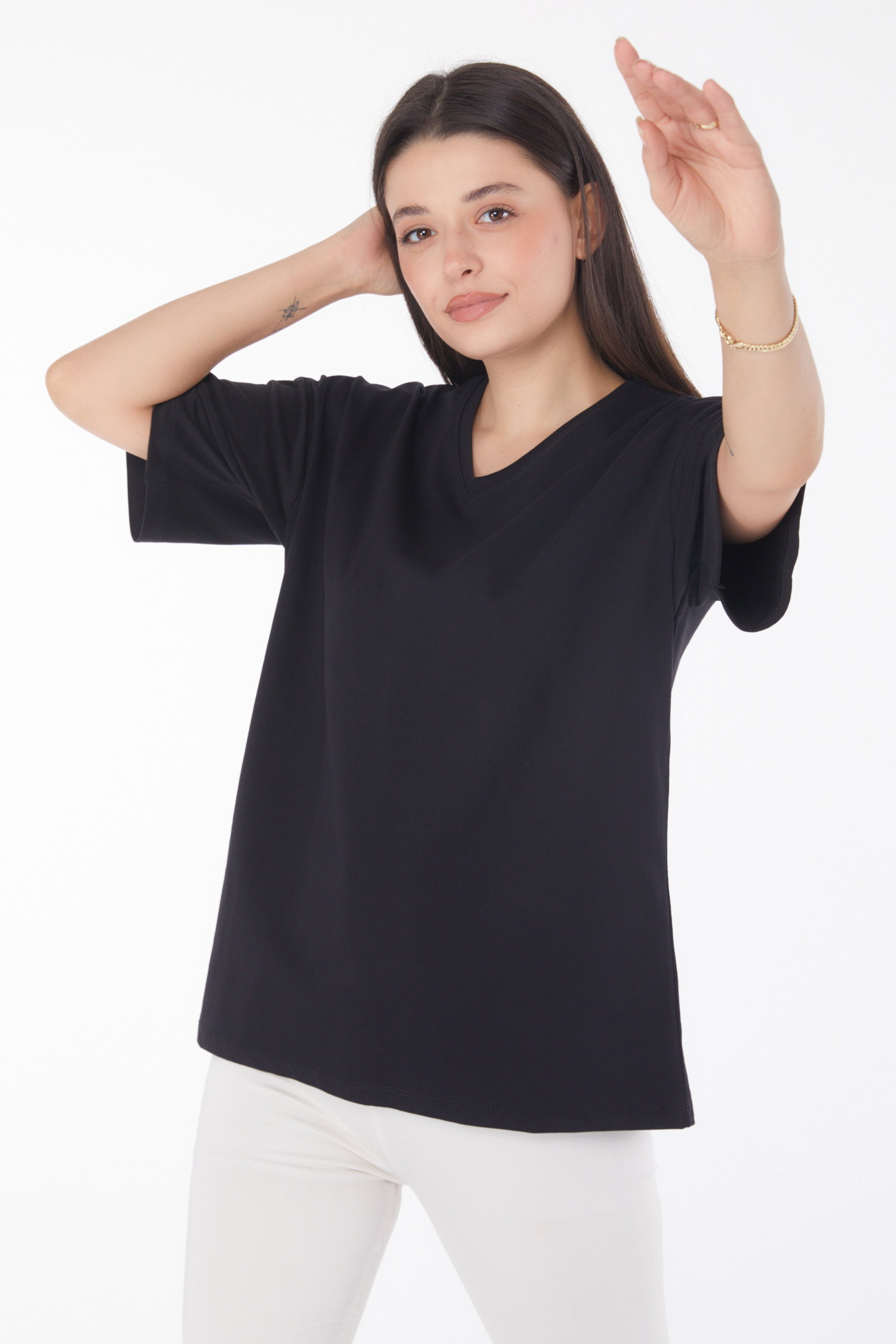 Düz Bahriye Yaka Kadın Siyah V Yaka T-Shirt - 25767 - 3