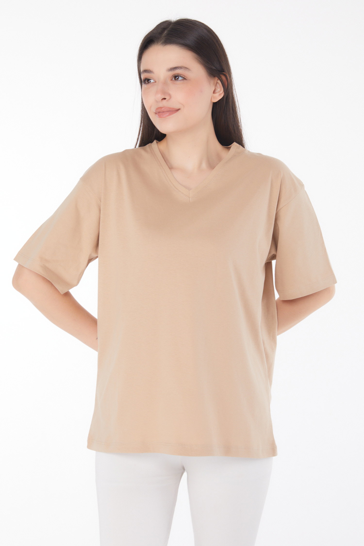 Düz Bahriye Yaka Kadın Vizon V Yaka T-Shirt - 25767 - 1