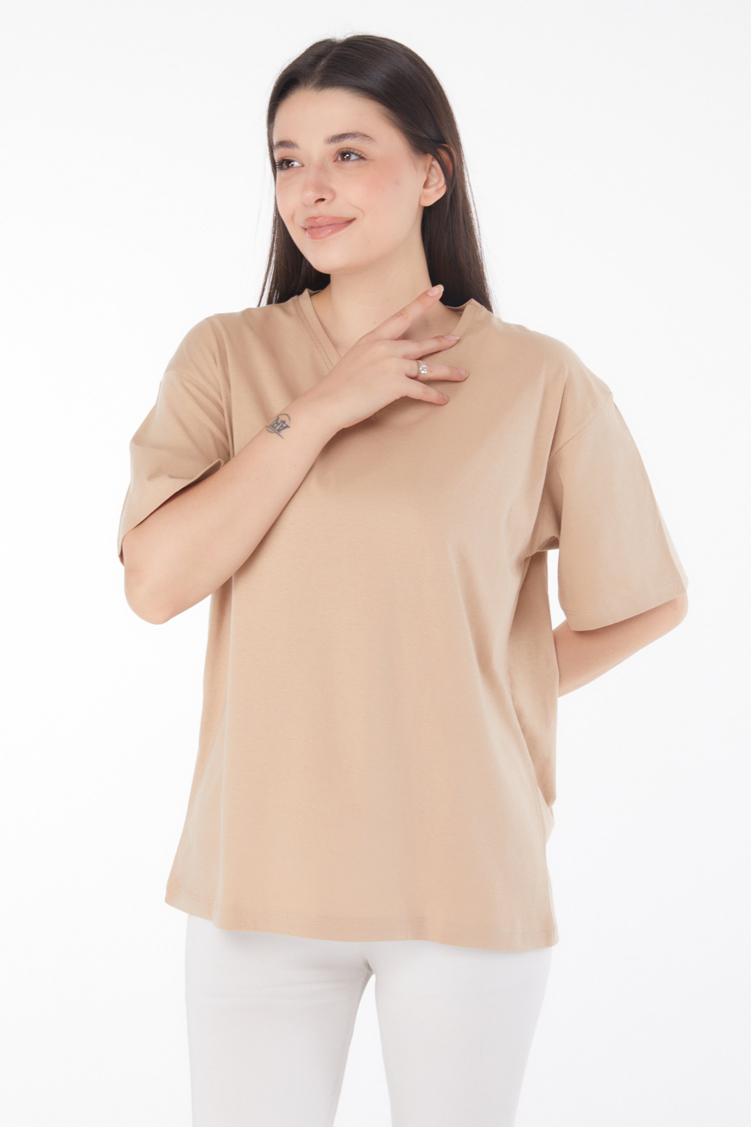 Düz Bahriye Yaka Kadın Vizon V Yaka T-Shirt - 25767 - 2