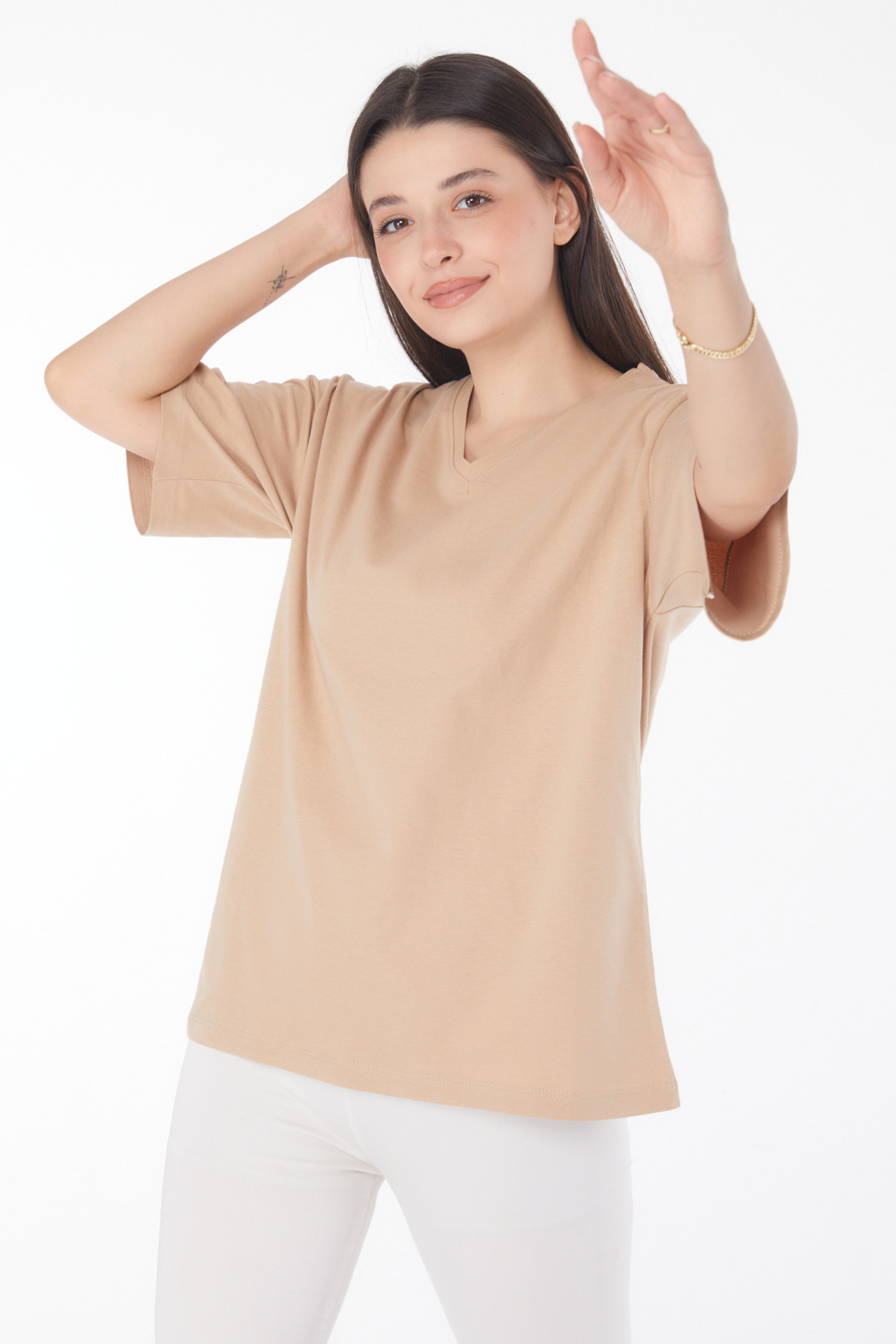 Düz Bahriye Yaka Kadın Vizon V Yaka T-Shirt - 25767 - 3