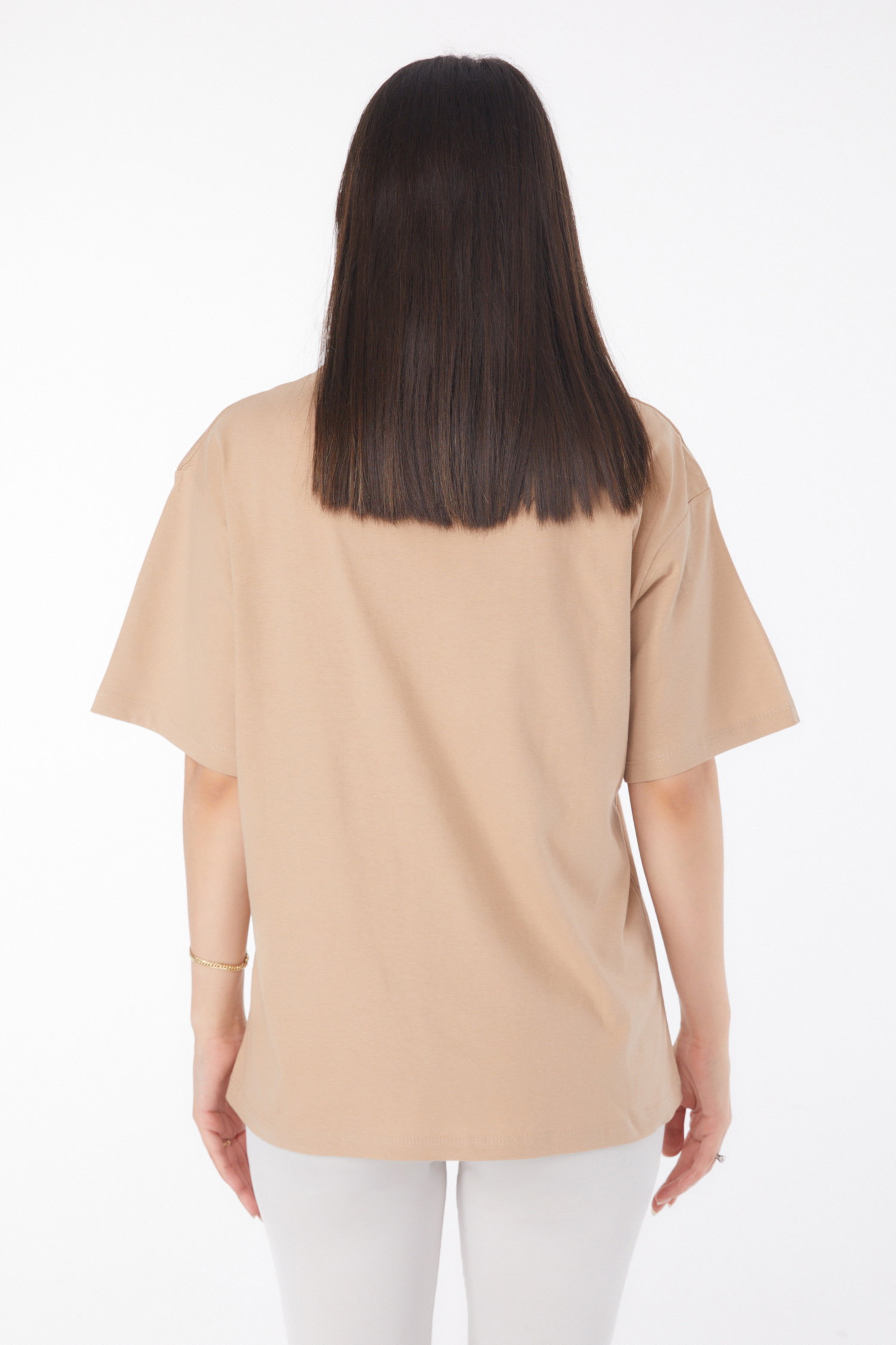 Düz Bahriye Yaka Kadın Vizon V Yaka T-Shirt - 25767 - 5