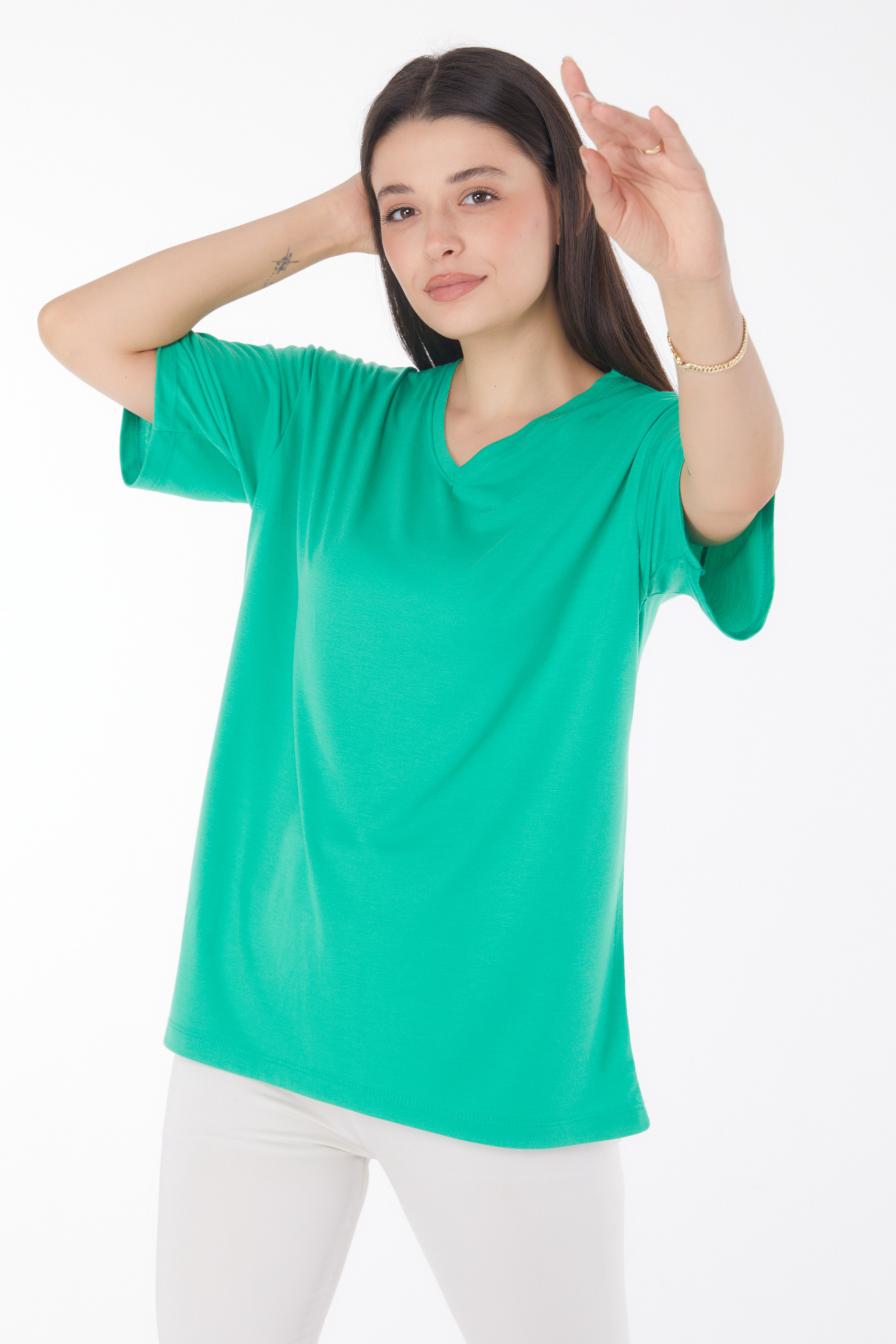 Düz Bahriye Yaka Kadın Yesil V Yaka T-Shirt - 25767 - 1