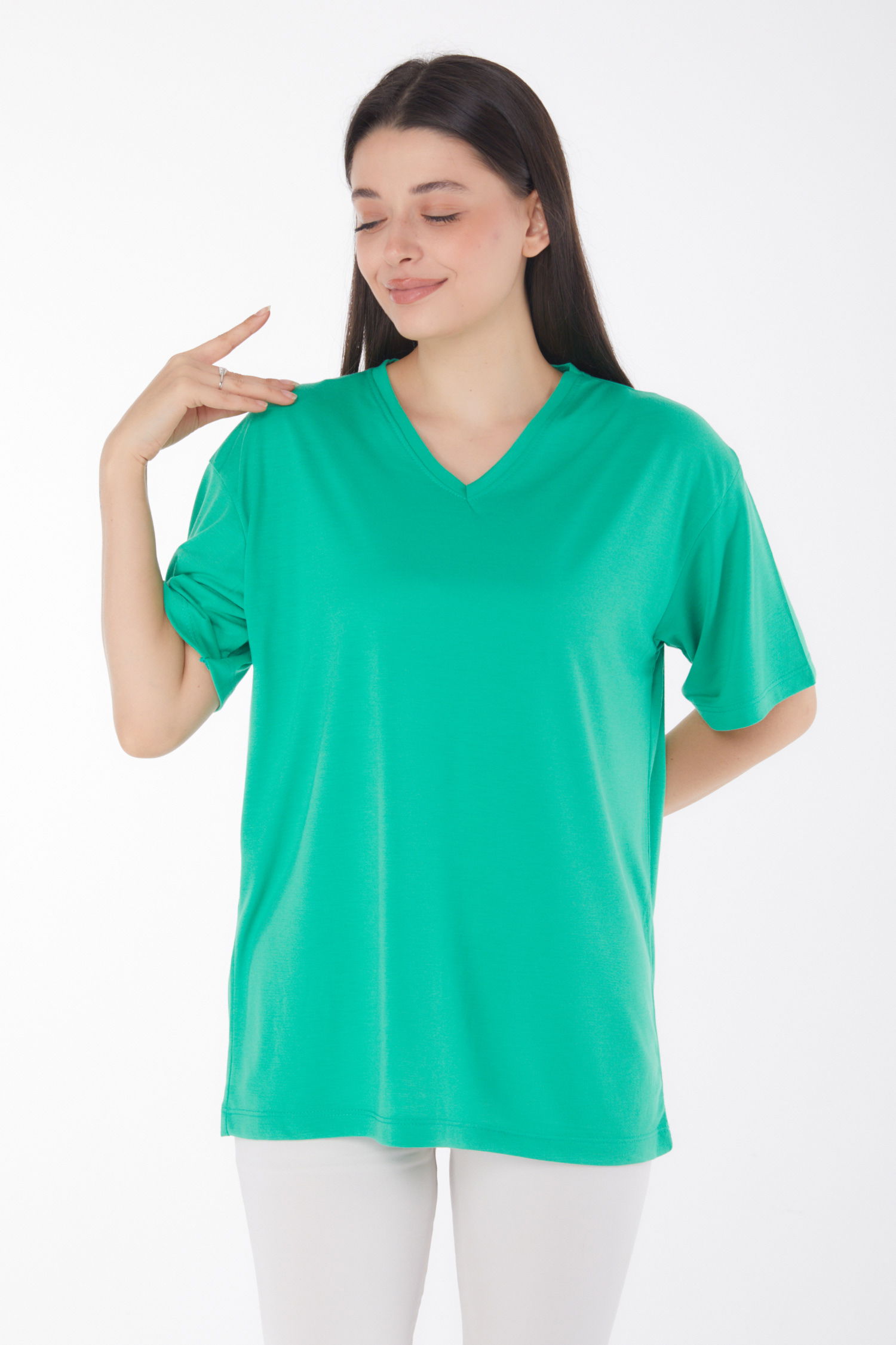 Düz Bahriye Yaka Kadın Yesil V Yaka T-Shirt - 25767 - 2