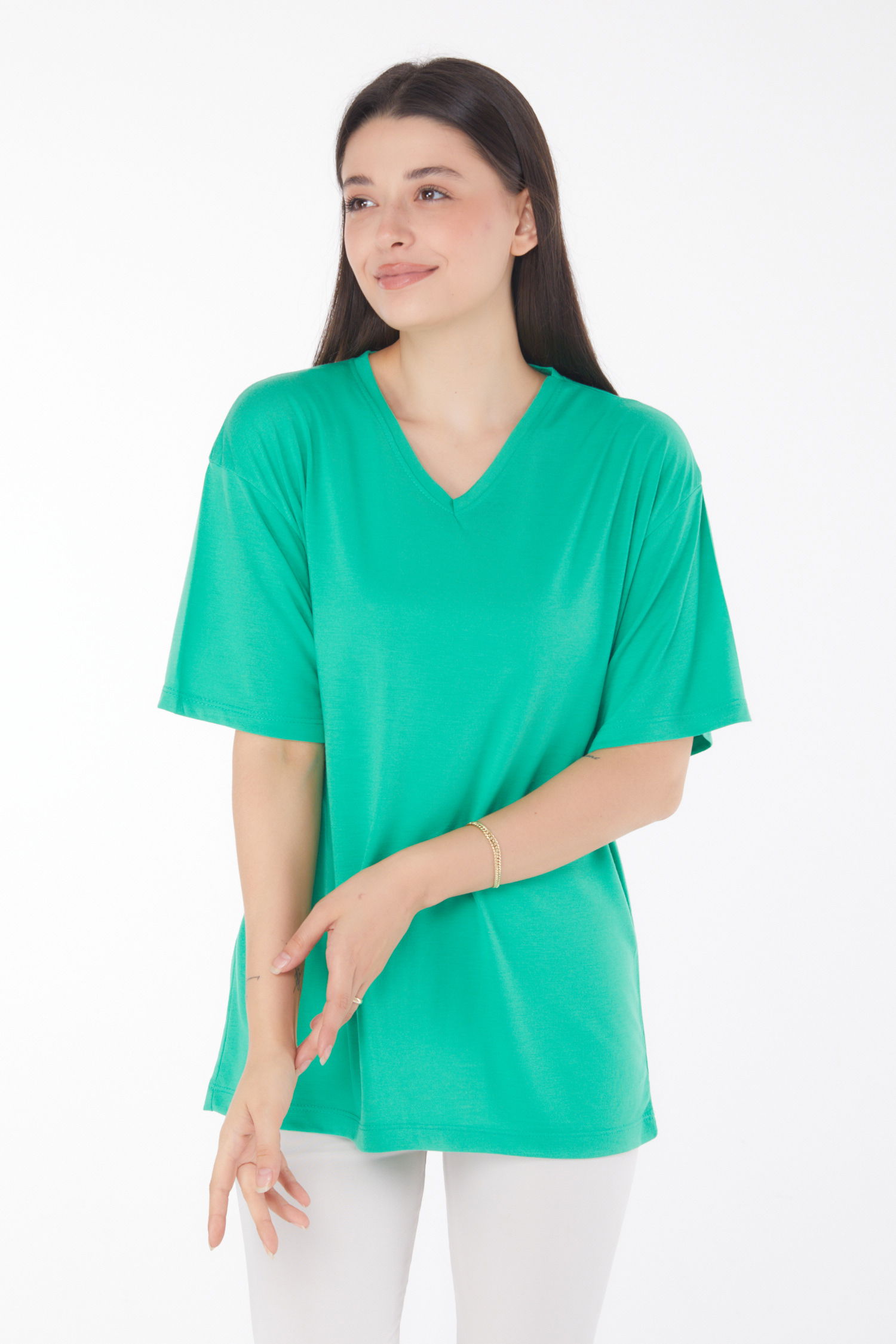 Düz Bahriye Yaka Kadın Yesil V Yaka T-Shirt - 25767 - 3