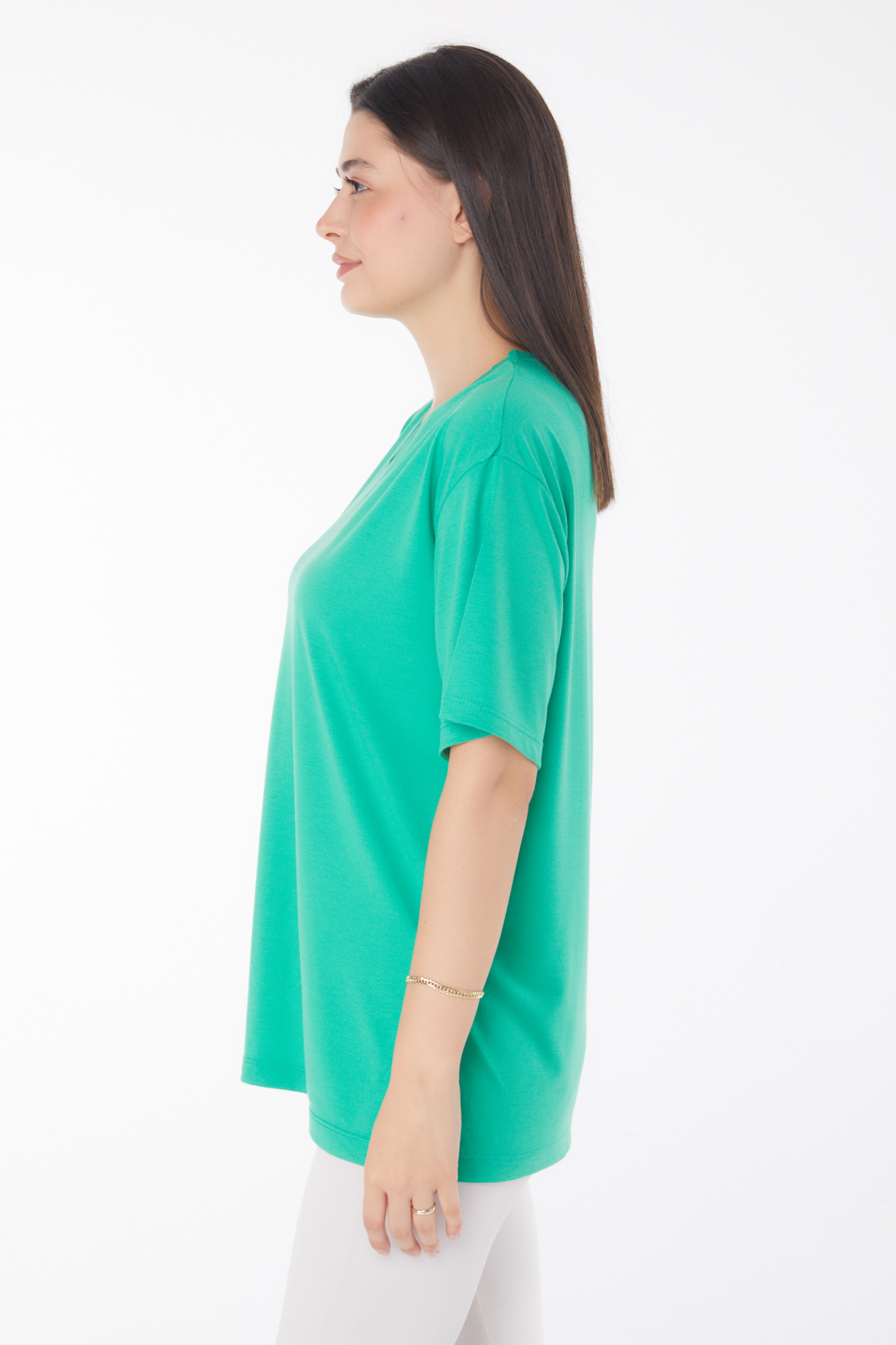 Düz Bahriye Yaka Kadın Yesil V Yaka T-Shirt - 25767 - 4