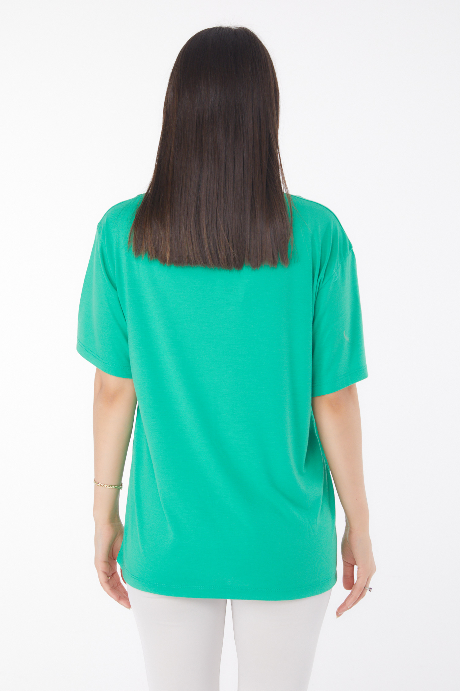 Düz Bahriye Yaka Kadın Yesil V Yaka T-Shirt - 25767 - 5