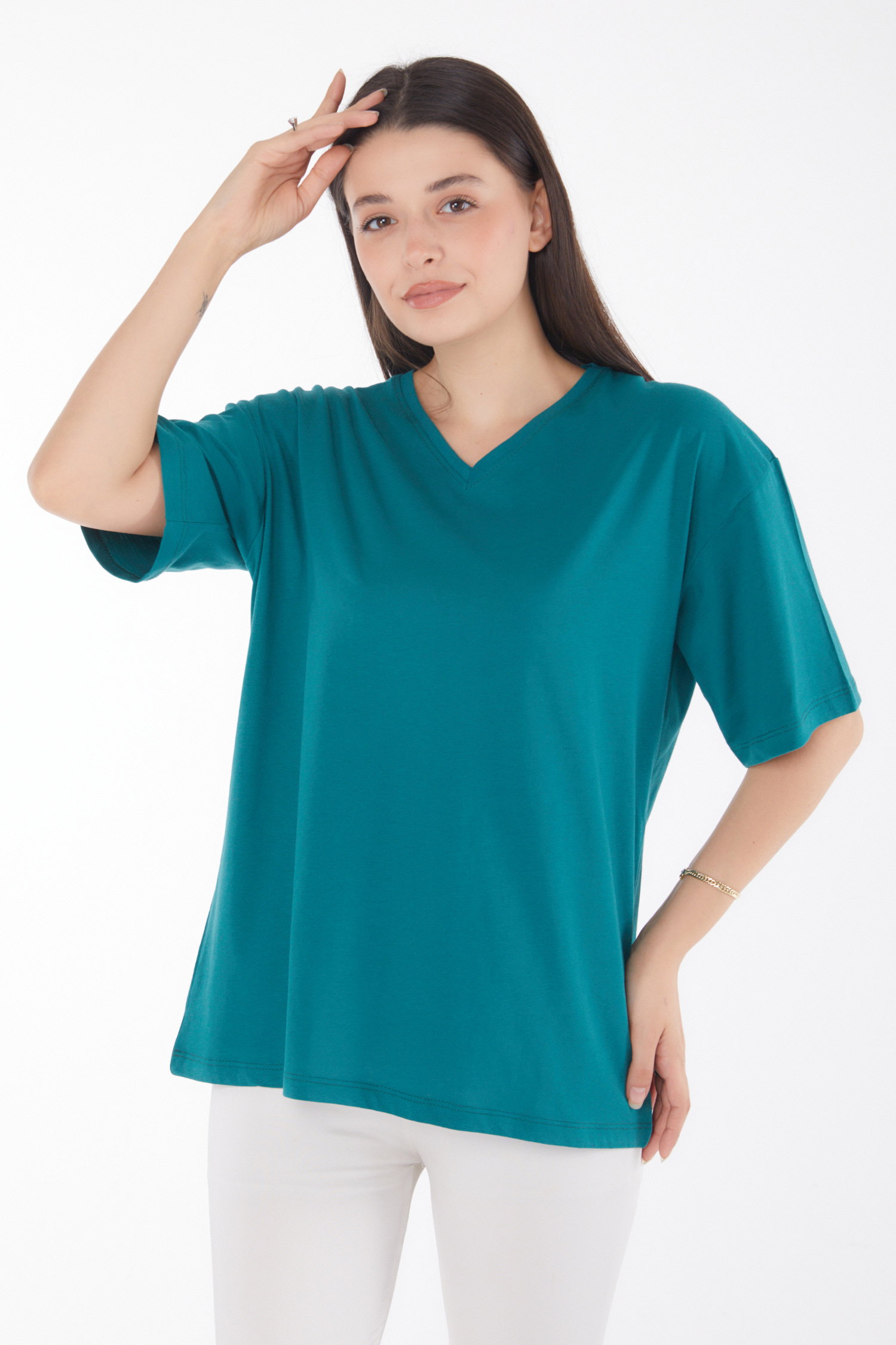 Düz Bahriye Yaka Kadın Zümrüt V Yaka T-Shirt - 25767 - 1