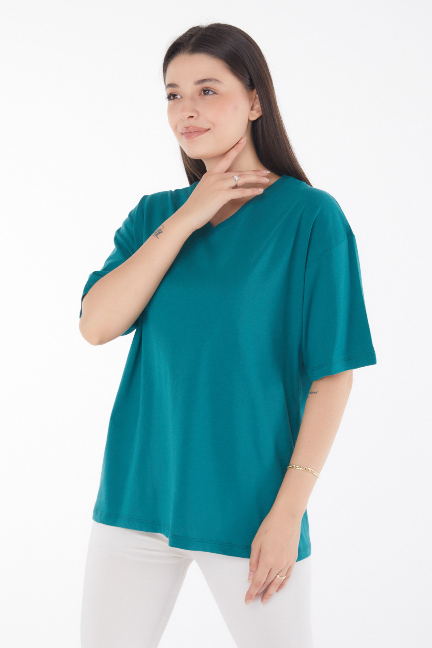 Düz Bahriye Yaka Kadın Zümrüt V Yaka T-Shirt - 25767 - 2