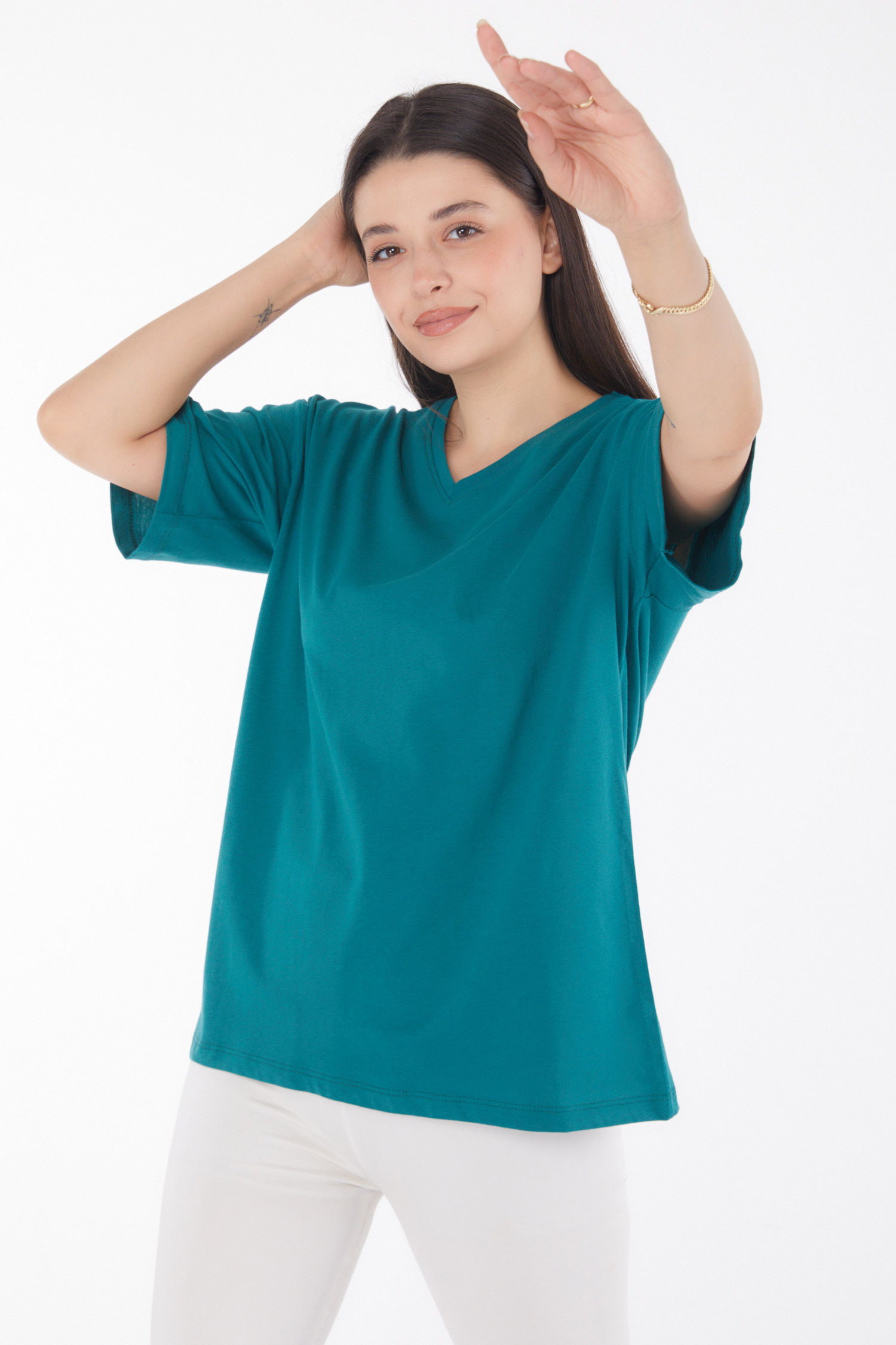 Düz Bahriye Yaka Kadın Zümrüt V Yaka T-Shirt - 25767 - 3