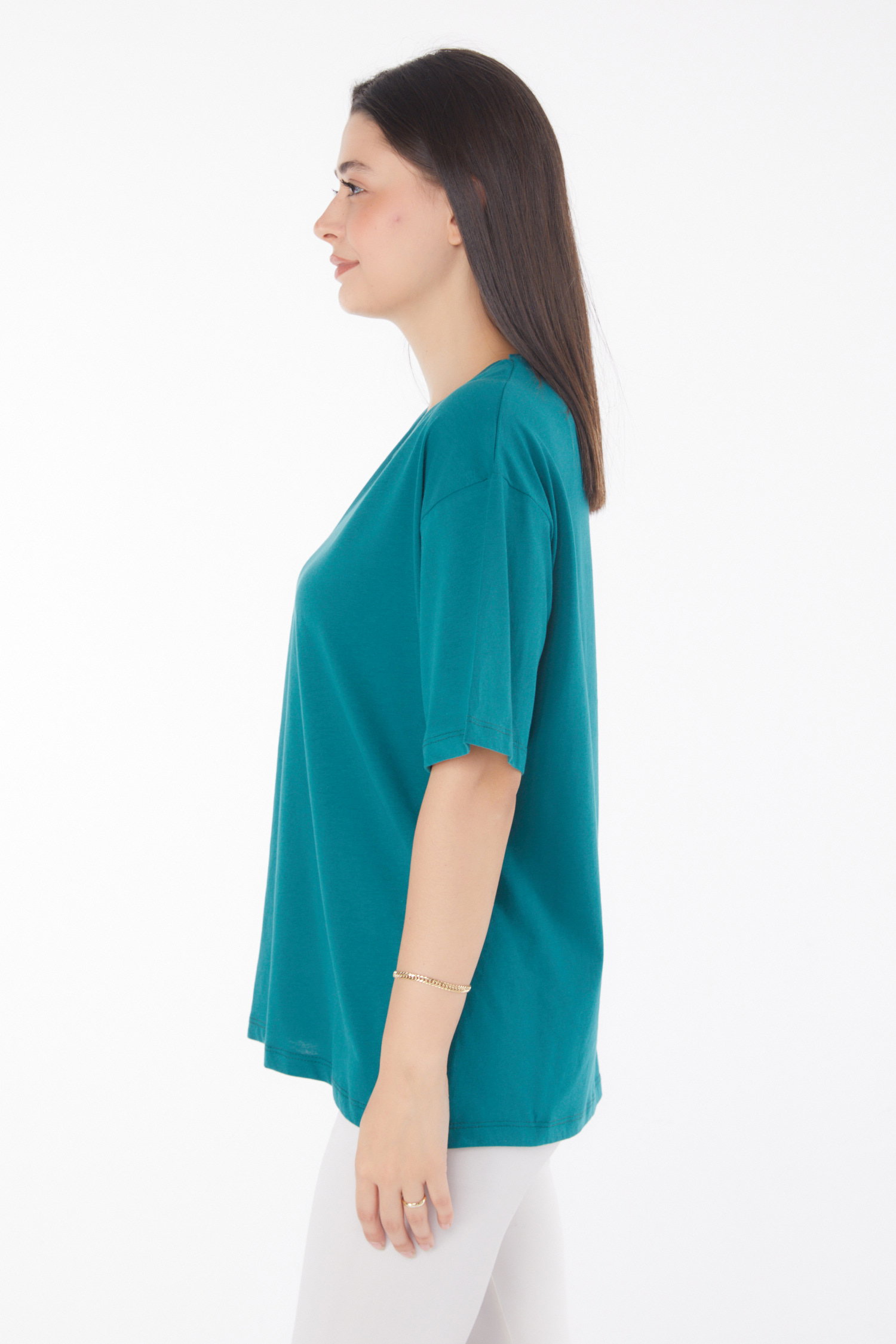 Düz Bahriye Yaka Kadın Zümrüt V Yaka T-Shirt - 25767 - 4