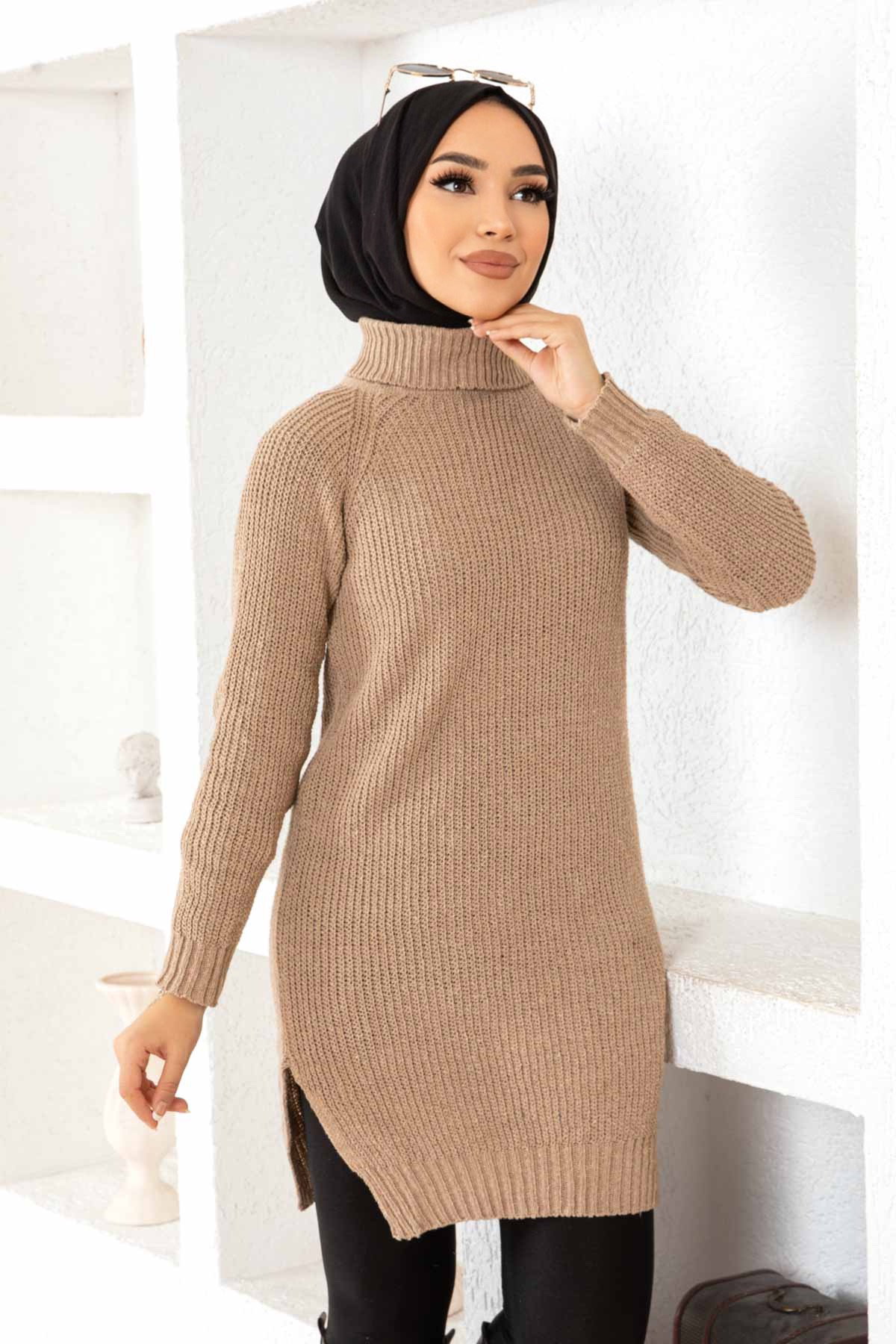 Düz Balıkcı Yaka Kadın Bej Triko Kazak - 26595 - 1