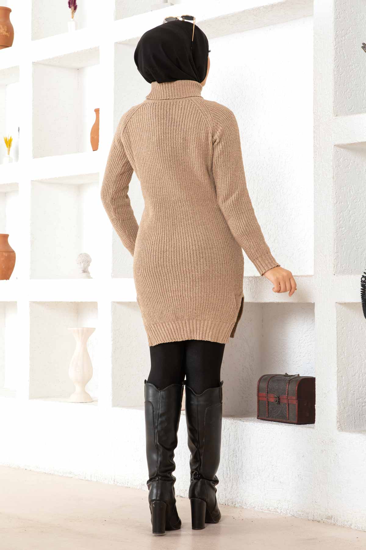 Düz Balıkcı Yaka Kadın Bej Triko Kazak - 26595 - 6