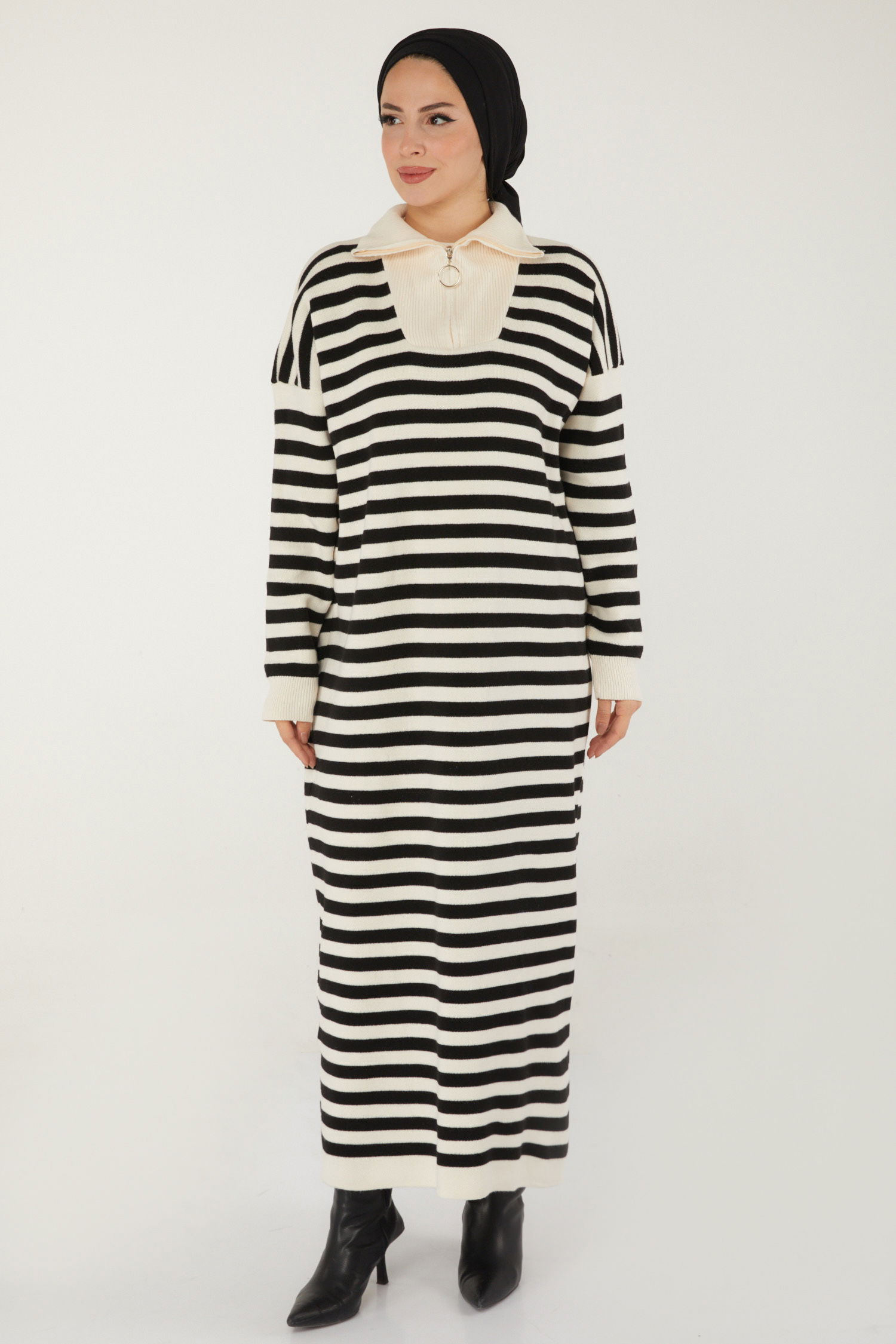 Düz Balıkcı Yaka Kadın Beyaz Boğazlı Triko Elbise - 26506 - 1